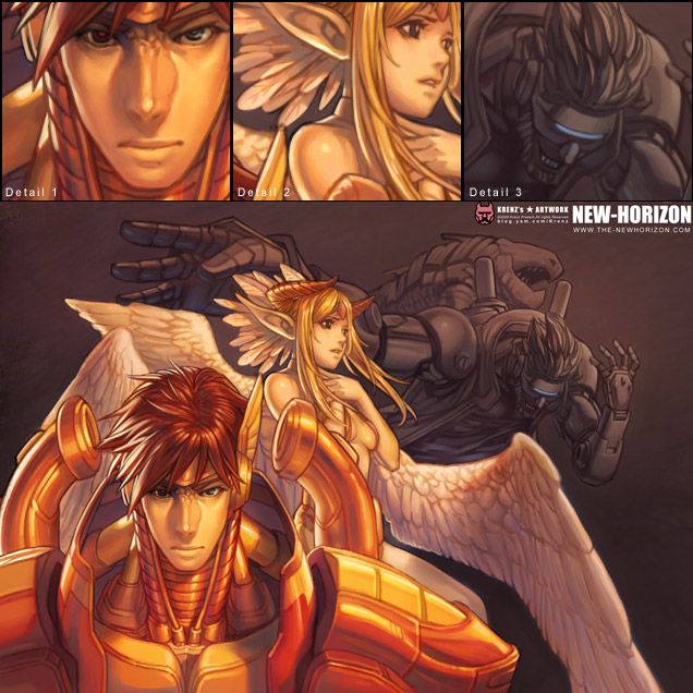 krenz, original, 1boy, 1girl, blonde hair, brown eyes, close-up, cyborg, heterochromia, horns, pointy ears, red hair, wings