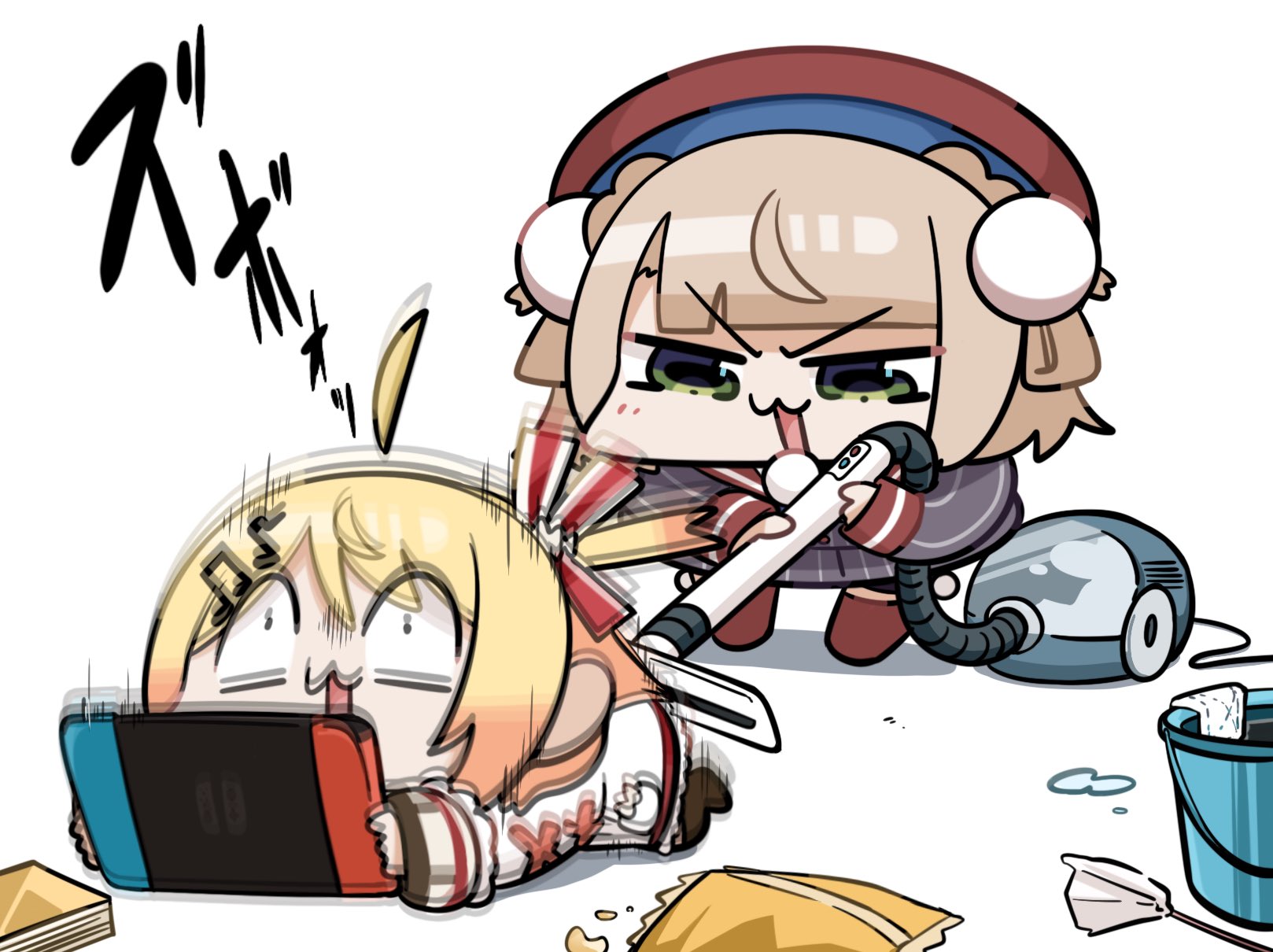 kakue gaku, otonose kanade, otonose kanade (1st costume), shigure ui (1st costume) (vtuber), shigure ui (vtuber), hololive, hololive dev is, indie virtual youtuber, commentary request, highres, 2girls, ahoge, bag of chips, beret, blonde hair, bucket, chibi, fortissimo, green eyes, hair ornament, hat, multiple girls, musical note, musical note hair ornament, nintendo switch, on floor, vacuum cleaner, virtual youtuber