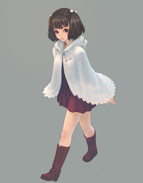 weno, original, 1girl, boots, brown boots, brown eyes, brown hair, female focus, full body, grey background, short hair, simple background, skirt, solo