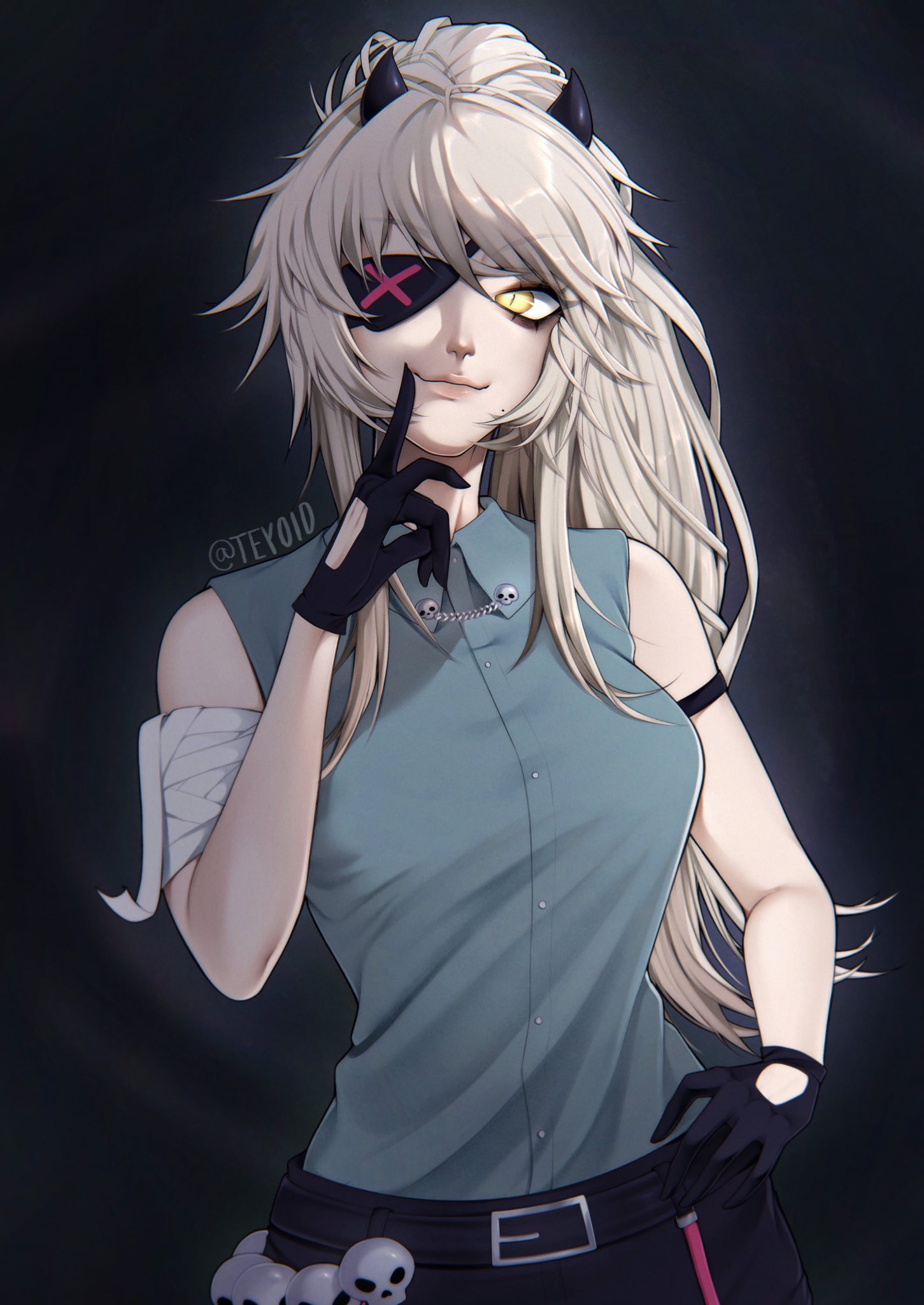 teyoid, original, commentary, commission, english commentary, highres, 1girl, belt, belt buckle, black background, black belt, black gloves, blue shirt, breasts, buckle, closed mouth, collared shirt, cowboy shot, eyepatch, gloves, grey hair, hand on own hip, hand up, horns, index finger raised, long hair, looking at viewer, medium breasts, nose, one eye covered, shirt, simple background, sleeveless, sleeveless shirt, slit pupils, smile, solo, yellow eyes