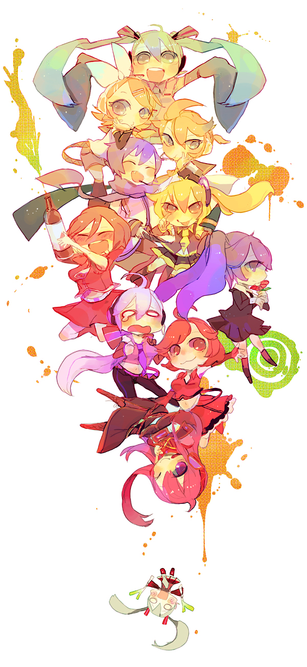 az, azuma aya, akita neru, hachune miku, hatsune miku, hatsune miku (saihate), kagamine len, kagamine rin, megurine luka, meiko (vocaloid), sakine meiko, yowane haku, saihate (vocaloid), vocaloid, silver hair, highres, 2boys, 6+girls, :3, :p, ahoge, aqua eyes, aqua hair, blonde hair, blue hair, blush, chibi, detached sleeves, drunk, fang, hair ornament, hair ribbon, hairclip, long hair, multiple boys, multiple girls, necktie, o o, pink hair, ponytail, red eyes, red hair, ribbon, scarf, short hair, skirt, smile, tears, tongue, tongue out, twintails