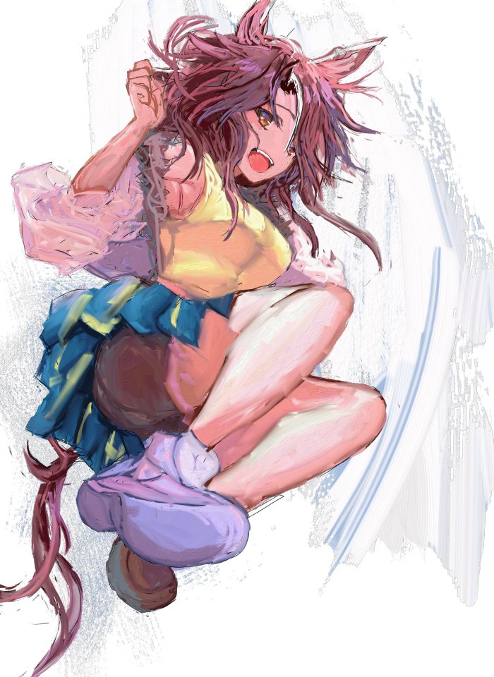 yanagi wakana, mejiro palmer (line breakthrough) (umamusume), mejiro palmer (umamusume), umamusume, commentary request, 1girl, animal ears, asymmetrical footwear, black shorts, blue eyes, blue skirt, breasts, brown hair, hair between eyes, horse ears, horse girl, horse tail, jacket, long hair, mismatched footwear, multicolored hair, open clothes, open jacket, open mouth, pleated skirt, ponytail, shirt, shoes, shorts, shorts under skirt, skirt, sleeveless, sleeveless shirt, smile, solo, streaked hair, tail, teeth, upper teeth only, white hair, white jacket, yellow shirt