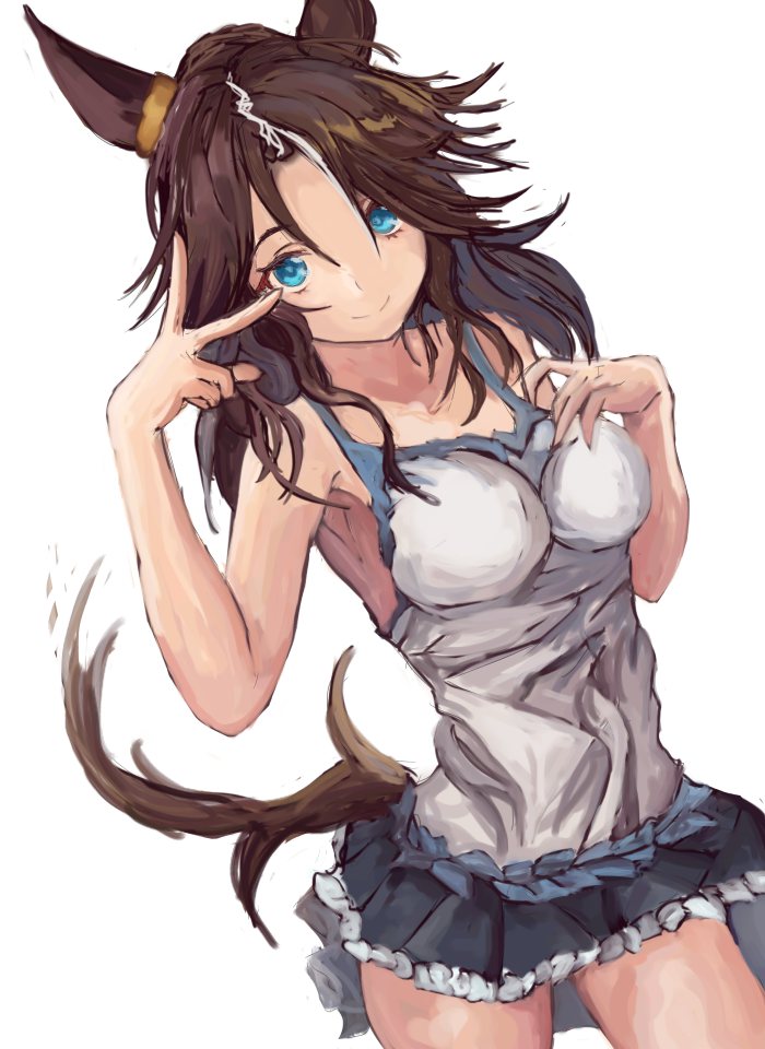 yanagi wakana, mejiro palmer (umamusume), umamusume, commentary request, 1girl, animal ears, bare shoulders, black skirt, blue eyes, breasts, brown hair, closed mouth, hair between eyes, horse ears, horse girl, horse tail, large breasts, long hair, looking at viewer, multicolored hair, pleated skirt, ponytail, shirt, simple background, skirt, sleeveless, sleeveless shirt, smile, solo, streaked hair, tail, v, white background, white hair, white shirt
