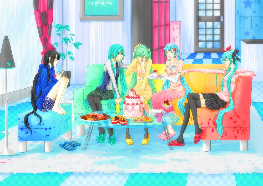 imai (wana), wana, black rock shooter (character), hatsune miku, black rock shooter, hajimete no koi ga owaru toki (vocaloid), koi wa sensou (vocaloid), melt (vocaloid), supercell (band), vocaloid, world is mine (vocaloid), annotated, bad id, bad pixiv id, 10s, 5girls, aqua eyes, aqua hair, black hair, blue eyes, blush, cake, closed eyes, coat, creator connection, dress, flower, food, glass, headpat, multiple girls, multiple persona, pastry, pat, skirt, smile, songover, tears, thighhighs, twintails, water, zettai ryouiki