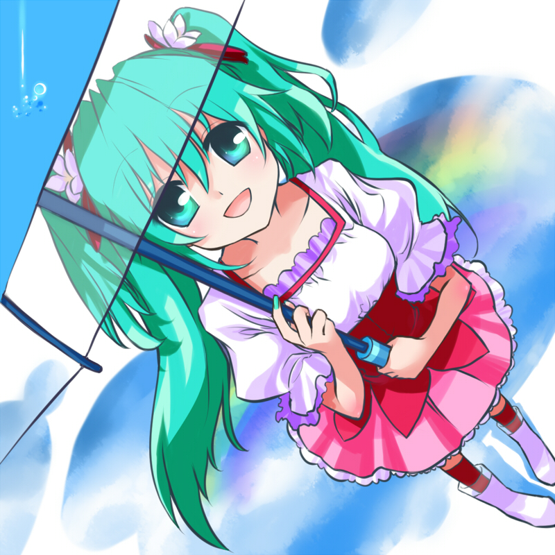 strib und werde, hatsune miku, melt (vocaloid), vocaloid, bad id, bad pixiv id, aqua eyes, aqua hair, boots, dress, flower, rain, smile, solo, twintails, umbrella