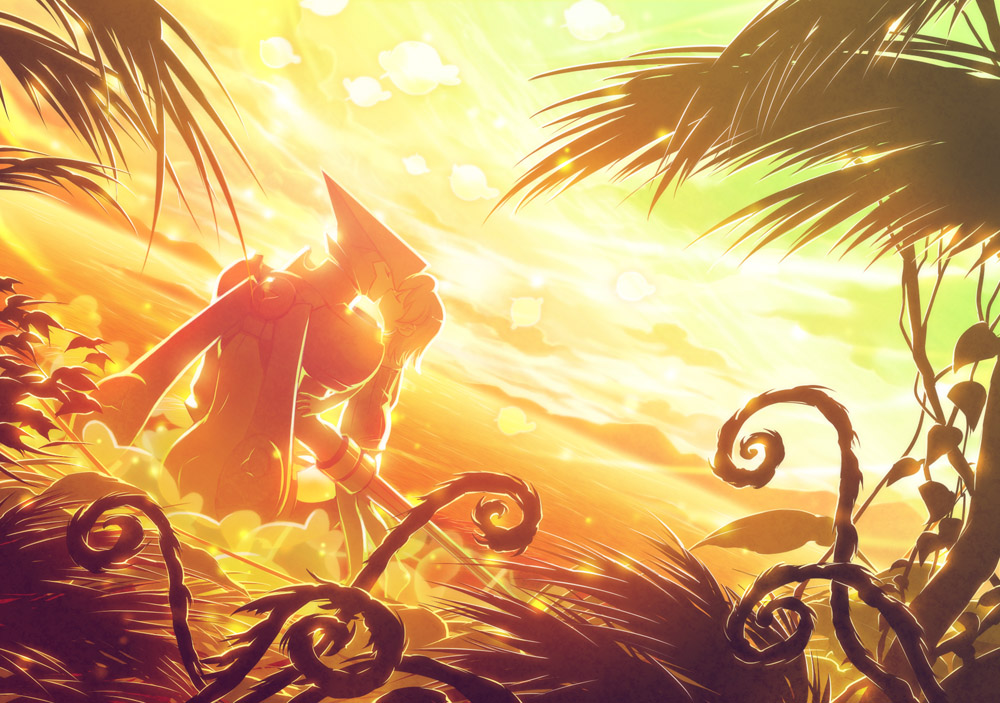 tetsukuzu tetsuko, asagi marin, melan blue, brigadoon, 00s, kiss, mecha, robot, sunset, tree