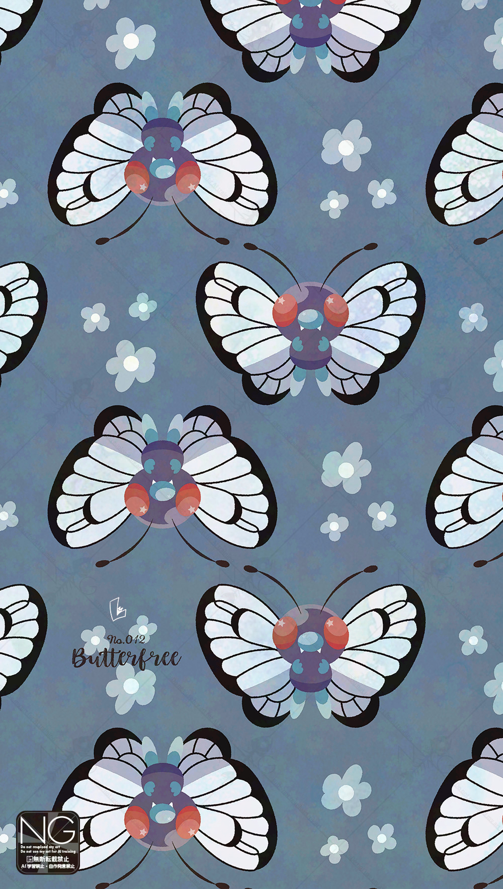 meme (sleepsheep), butterfree, nintendo, pokemon, commentary, highres, animal focus, antennae, bug, butterfly, fangs, flower, gen 1 pokemon, insect, insect wings, no humans, pokemon (creature), pokemon focus, red eyes, wings