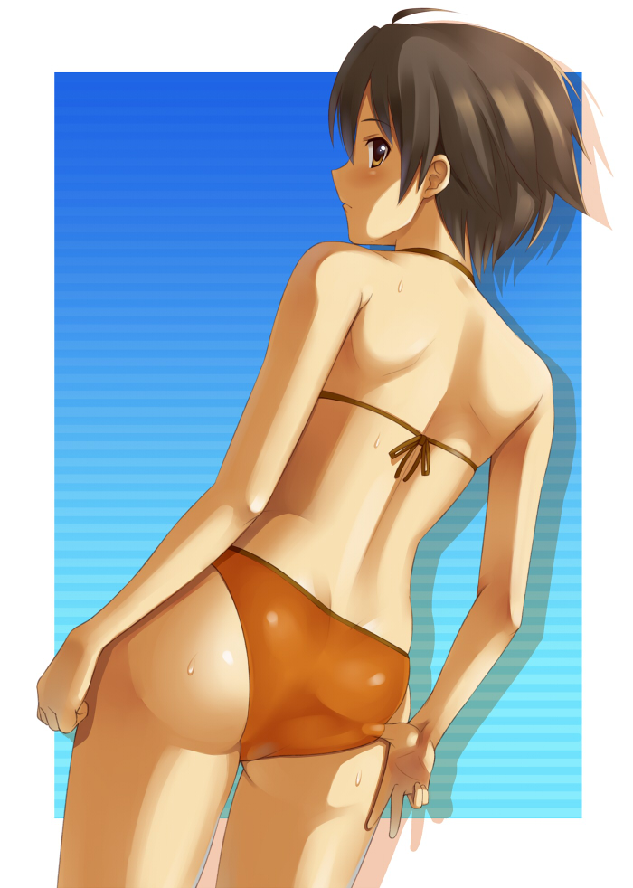 kisugi akira, nao (dream c club), dream c club, dream c club (series), 1girl, adjusting clothes, adjusting swimsuit, ass, back, bikini, blue background, blush, border, brown eyes, brown hair, cowboy shot, dutch angle, embarrassed, female focus, from behind, gradient background, looking at viewer, looking back, matching hair/eyes, orange bikini, outside border, short hair, solo, standing, striped background, sweat, swimsuit, white border