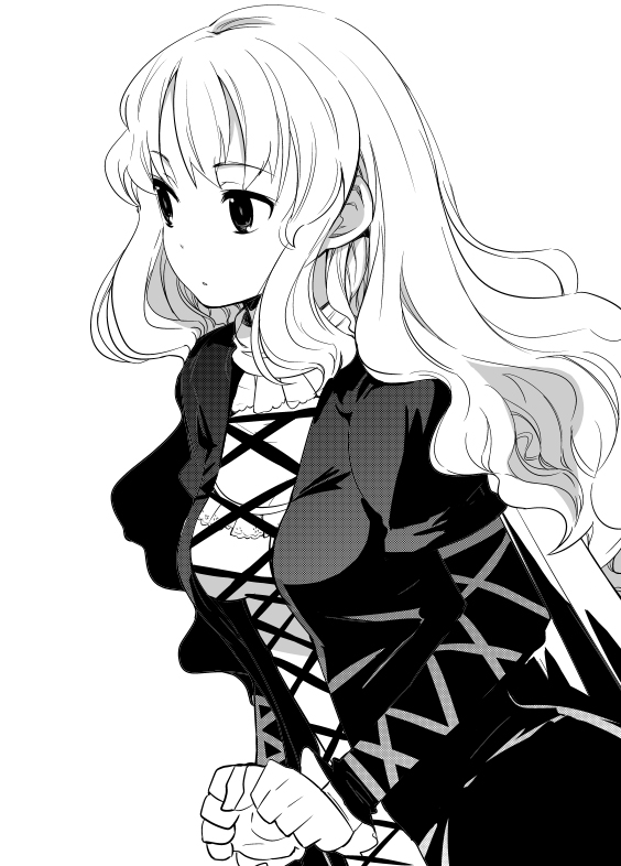 yamane masato, hijiri byakuren, touhou, 1girl, cross-laced clothes, dress, female focus, greyscale, long hair, looking afar, monochrome, simple background, solo, very long hair, wavy hair, white background