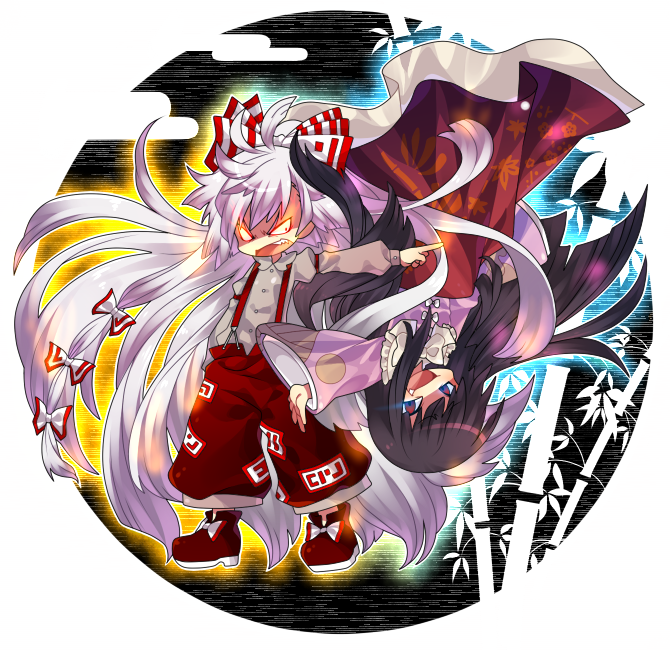 kiri futoshi, fujiwara no mokou, houraisan kaguya, touhou, bad id, bad pixiv id, 2girls, angry, cape, collared shirt, female focus, full body, looking at viewer, multiple girls, ofuda, pants, shaded face, shirt, standing, suspenders, wavy hair, white shirt