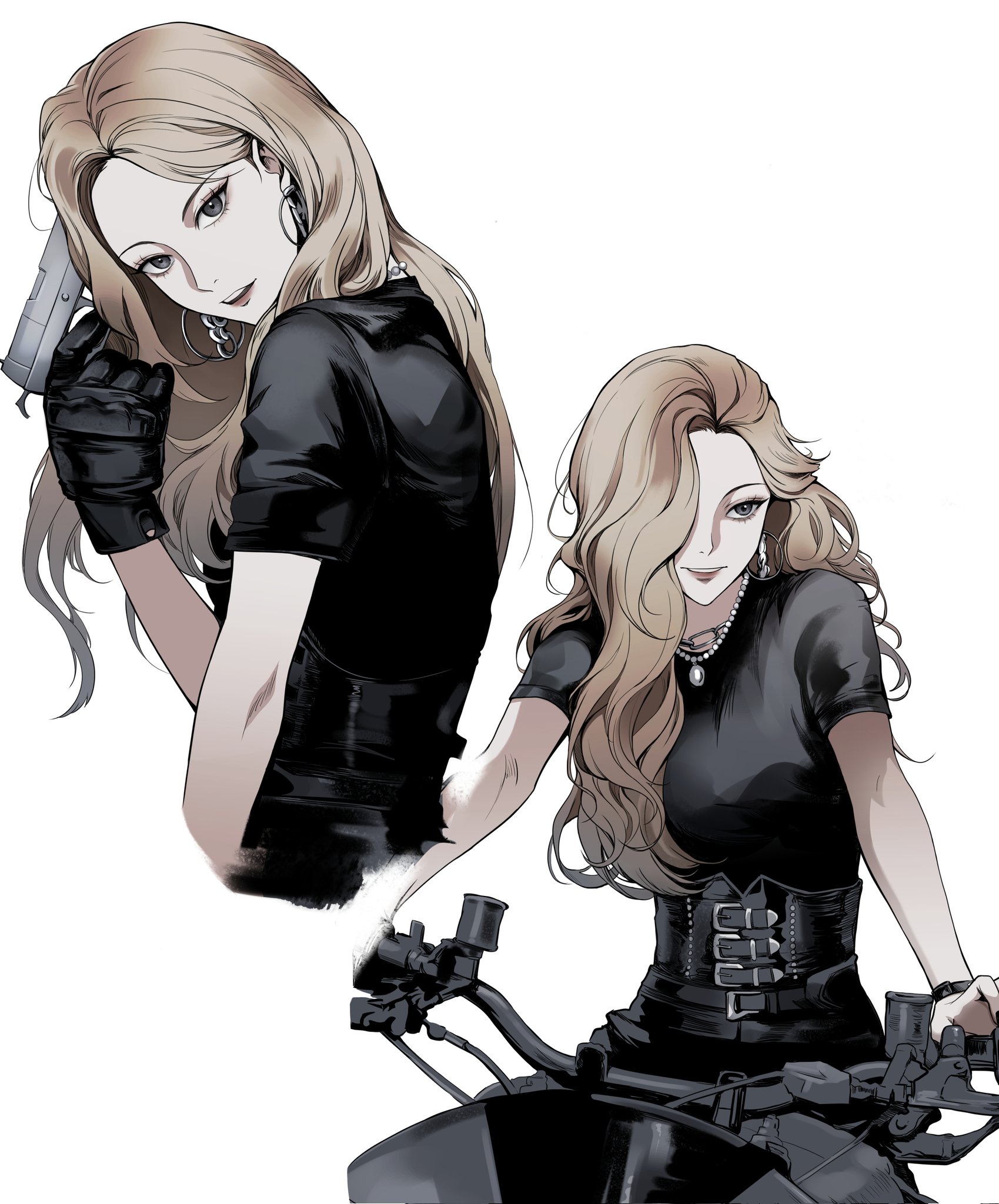 yori (yooo ri), kim lip, loona (group), highres, 1girl, black gloves, black shirt, blonde hair, corset, earrings, gloves, gun, holding, holding gun, holding weapon, jewelry, long hair, motor vehicle, motorcycle, multiple views, shirt, simple background, smile, t-shirt, weapon, white background