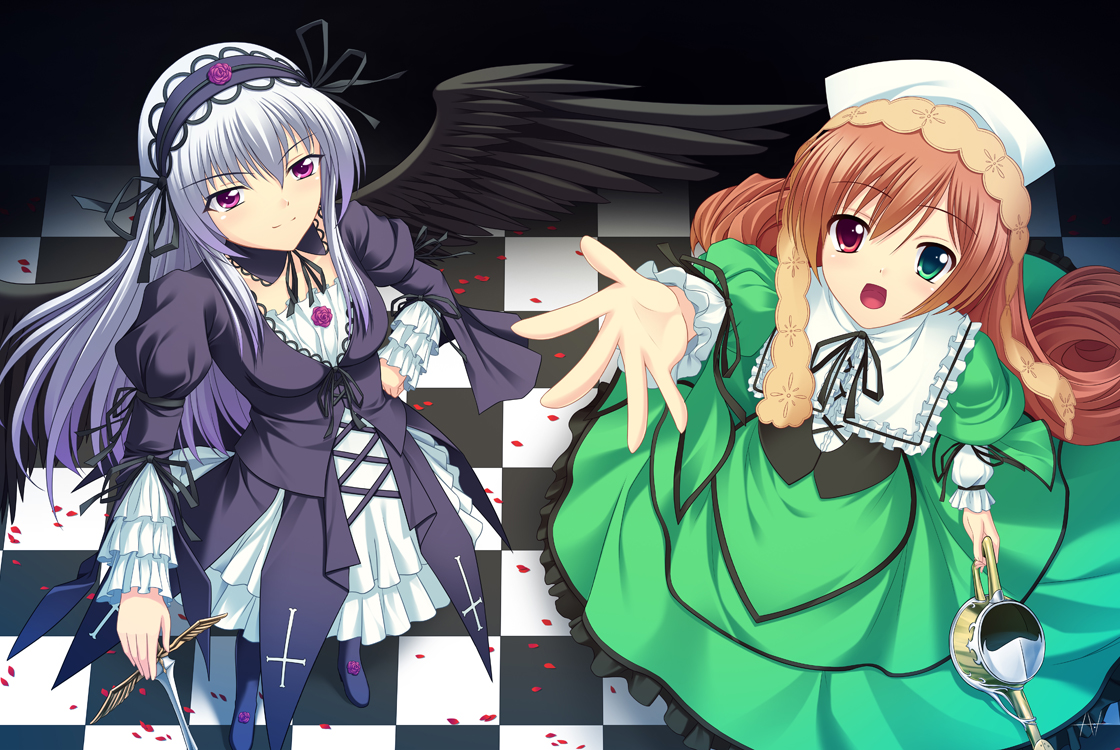 athrun1120, suigintou, suiseiseki, rozen maiden, silver hair, bad id, bad pixiv id, 00s, brown hair, dress, frills, green eyes, hairband, headscarf, heterochromia, long hair, purple eyes, red eyes, white headscarf, wings