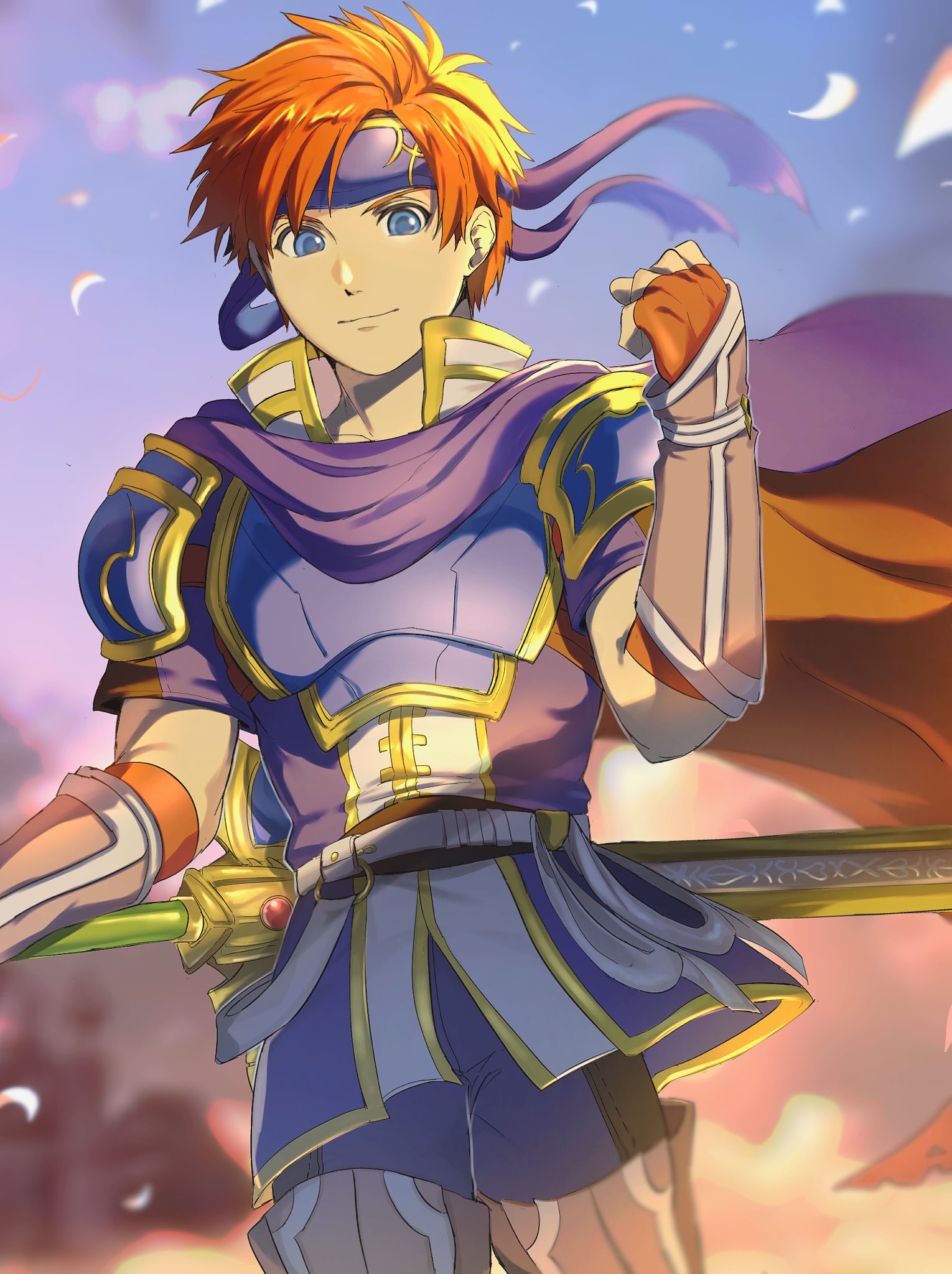 mimummom, roy (fire emblem), fire emblem, fire emblem: the binding blade, nintendo, commentary request, highres, 1boy, armor, blue eyes, closed mouth, headband, looking at viewer, male focus, orange hair, short hair, solo, sword, weapon