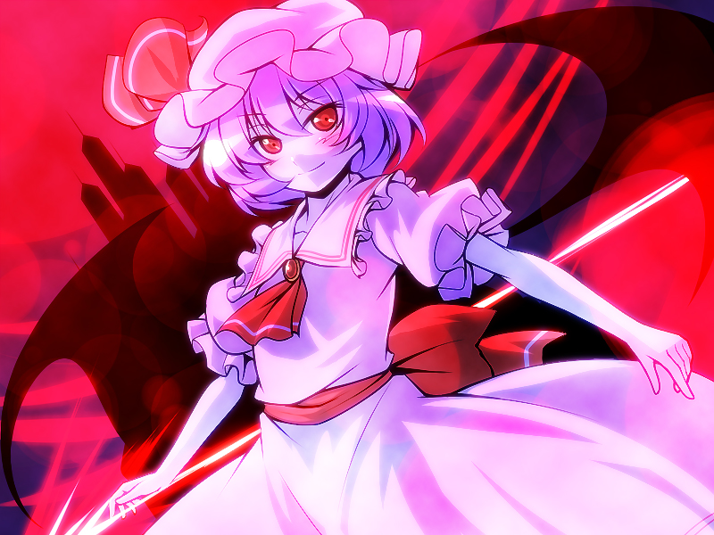 tro (trombe), remilia scarlet, touhou, bad id, bad pixiv id, 1girl, ascot, blue hair, blush, dress, female focus, hair between eyes, hat, hat ribbon, looking at viewer, mob cap, puffy sleeves, red ascot, red eyes, ribbon, scarlet devil mansion, short hair, smile, solo, spear the gungnir, wings