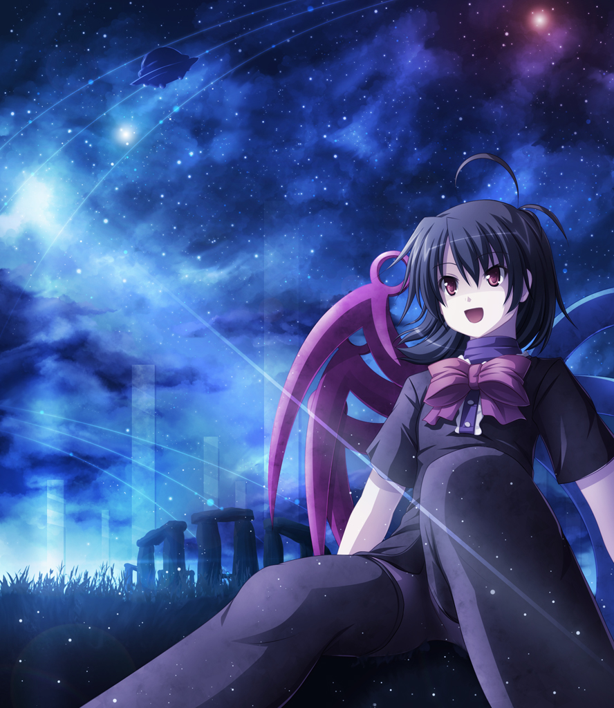 akashio (loli ace), houjuu nue, touhou, 1girl, antenna hair, black hair, black thighhighs, female focus, hair between eyes, night, outdoors, plant, red eyes, scenery, sitting, sky, solo, star (sky), star (symbol), starry sky, stonehenge, thighhighs, ufo, wings, zettai ryouiki