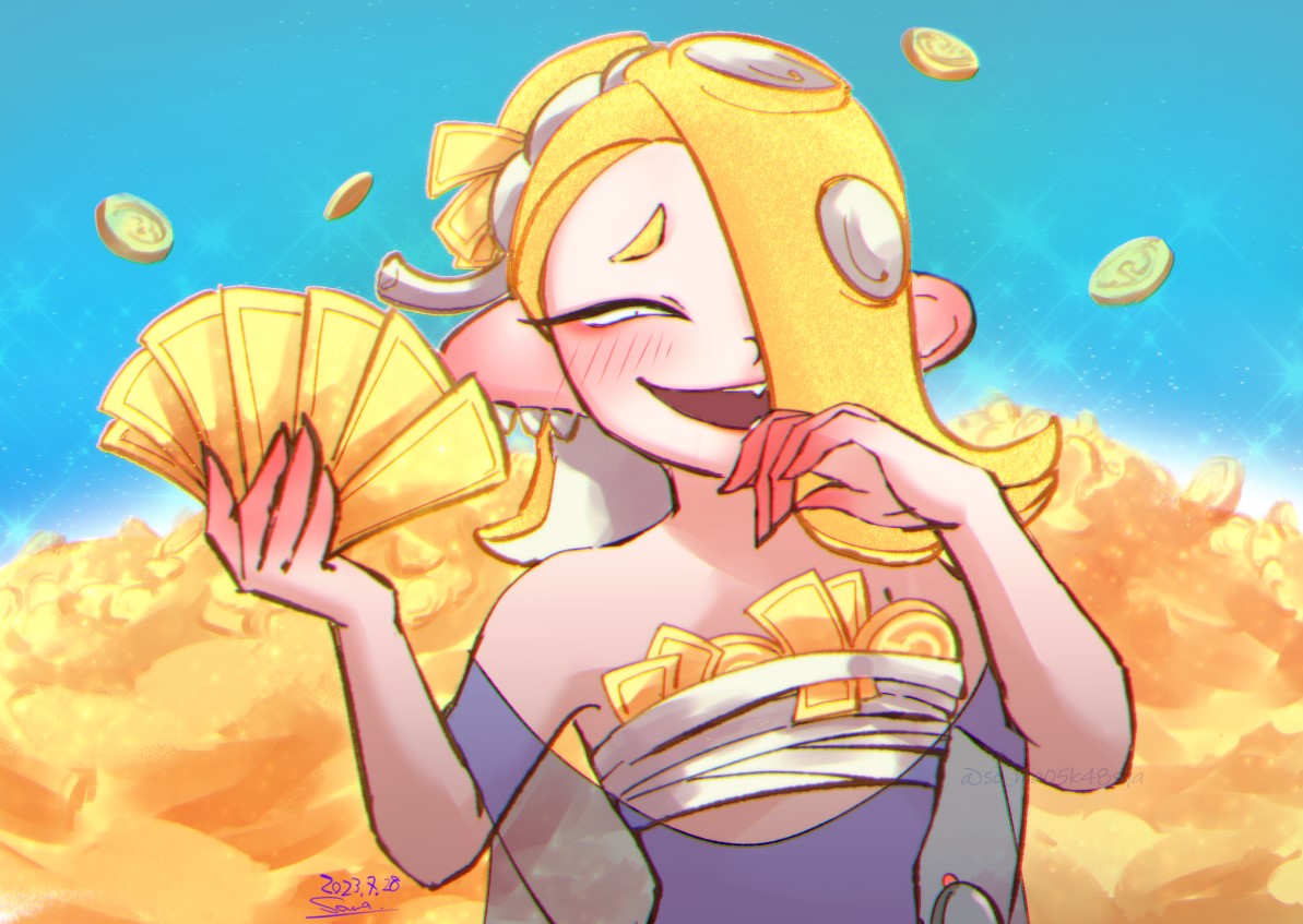 somakusha, shiver (splatoon), nintendo, splatoon (series), splatoon 3, commentary request, 1girl, banknote, bare shoulders, blonde hair, blue shawl, blush, chest sarashi, coin, constricted pupils, dated, earrings, hair over one eye, hairband, holding, holding money, jewelry, long hair, money, multiple earrings, octoling, open mouth, sarashi, shawl, short eyebrows, signature, smile, smug, solo, sparkle, standing, tentacle hair, thick eyebrows, tooth earrings, white hairband