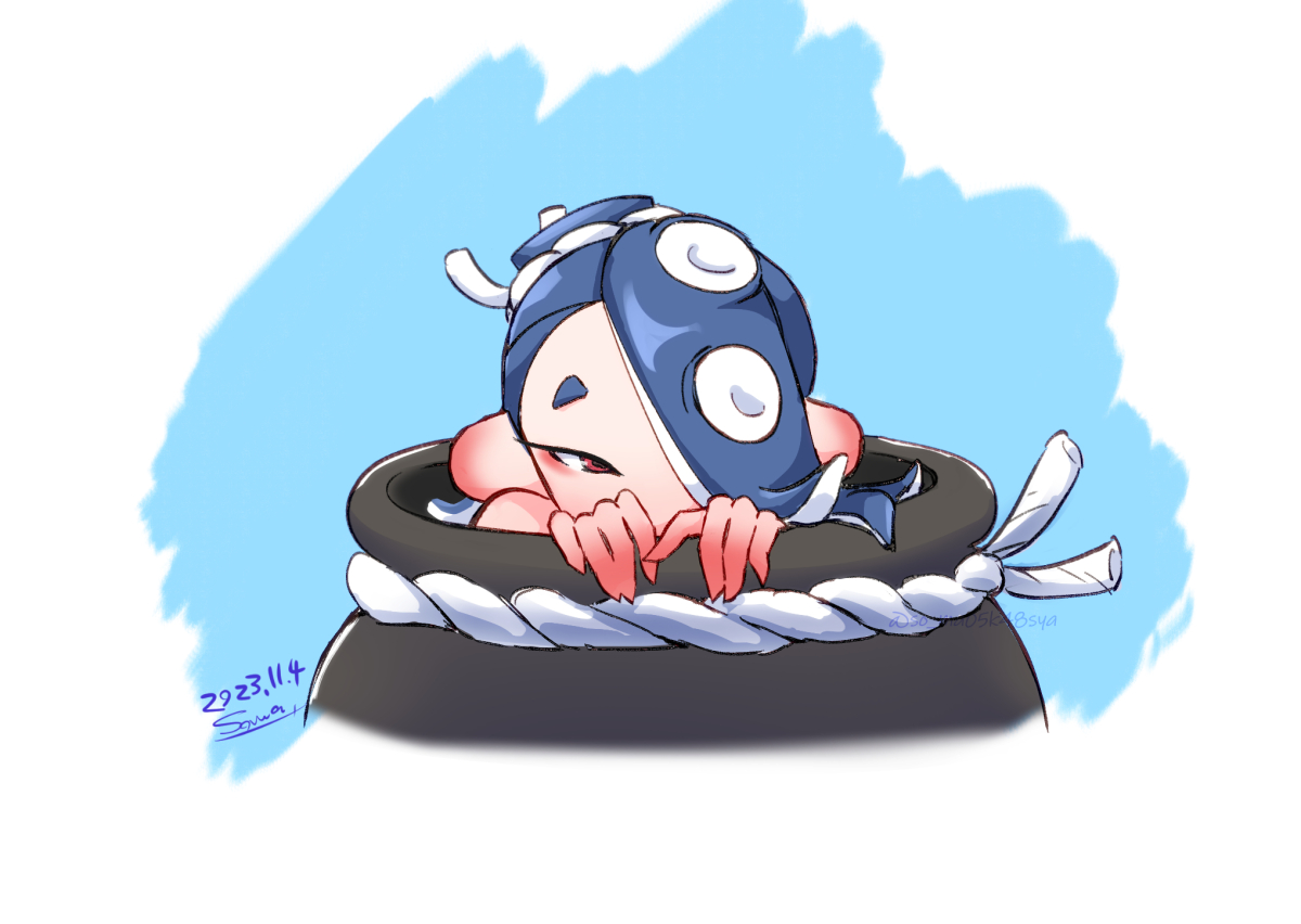 somakusha, shiver (splatoon), nintendo, splatoon (series), splatoon 3, commentary request, 1girl, blue background, blue hair, cauldron, dated, hair over one eye, hairband, long hair, octoling, red eyes, rope, shimenawa, short eyebrows, signature, tentacle hair, thick eyebrows, white background, white hairband