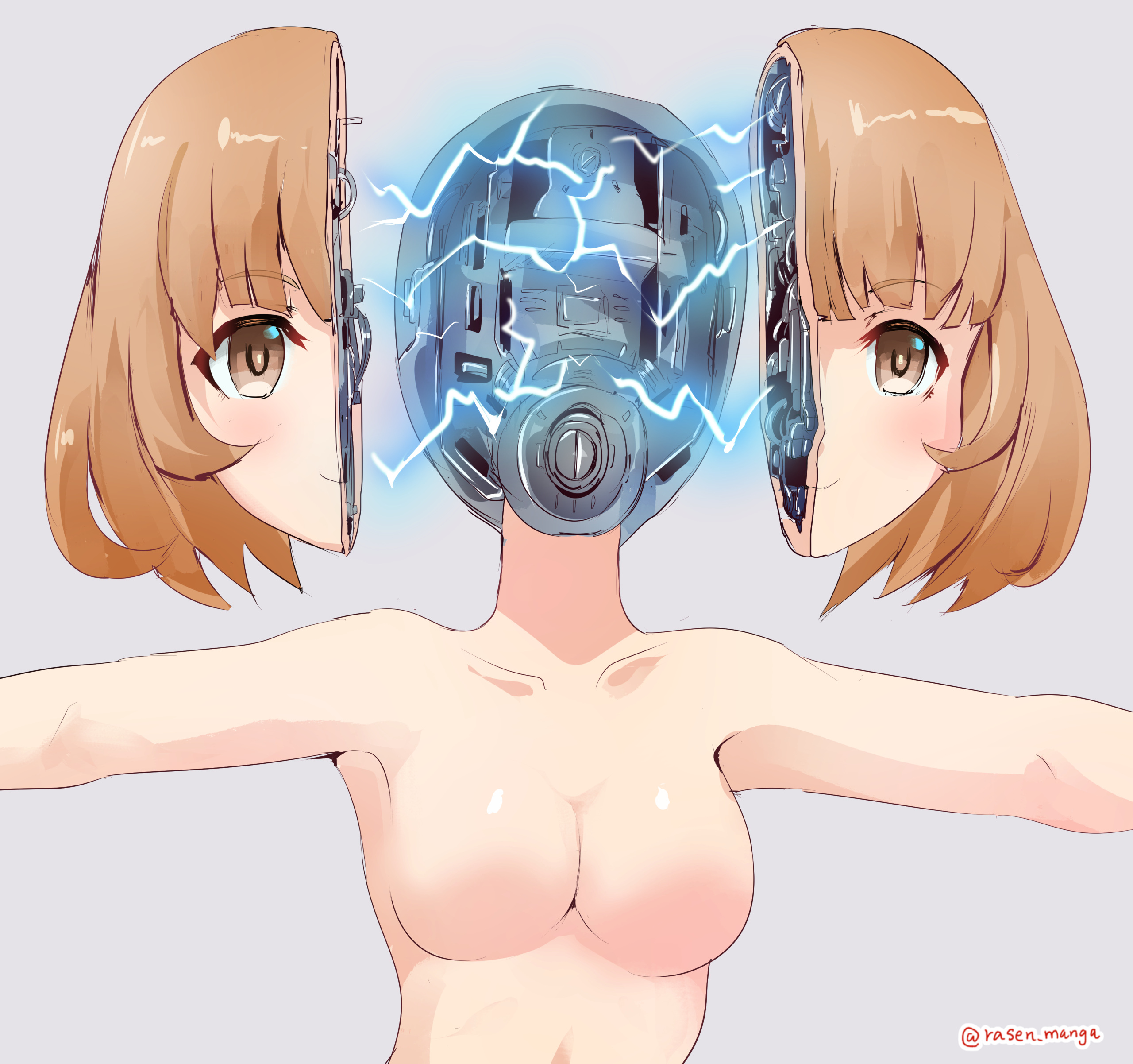 rasen manga, rin (henkei shoujo), henkei shoujo, absurdres, commentary request, highres, 1girl, blunt bangs, breasts, brown eyes, brown hair, cleavage, mecha, medium breasts, nude, parted lips, robot, short hair, small breasts, upper body