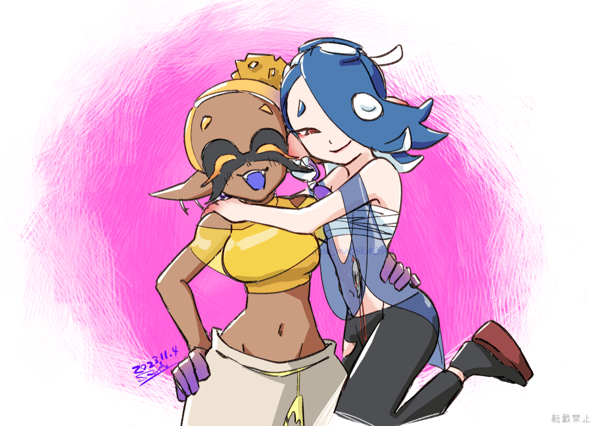 somakusha, frye (deep cut outfit) (splatoon), frye (splatoon), shiver (deep cut outfit) (splatoon), shiver (splatoon), nintendo, splatoon (series), splatoon 3, commentary request, 2girls, black pants, black socks, blonde hair, blue hair, blue shawl, breasts, chest sarashi, closed eyes, closed mouth, colored eyelashes, colored tips, crop top, dark-skinned female, dark skin, dated, earrings, hair over one eye, hairband, hand on own hip, harem pants, hug, inkling, jewelry, large breasts, long hair, looking at viewer, multicolored hair, multiple earrings, multiple girls, navel, octoling, okobo, pants, pink background, pink lips, platform sandals, purple hair, red eyes, sandals, sarashi, shawl, short eyebrows, signature, smile, socks, tabi, tentacle hair, thick eyebrows, tooth earrings, torn clothes, torn pants, two-tone hair, white background, white hairband, white pants, yellow shawl