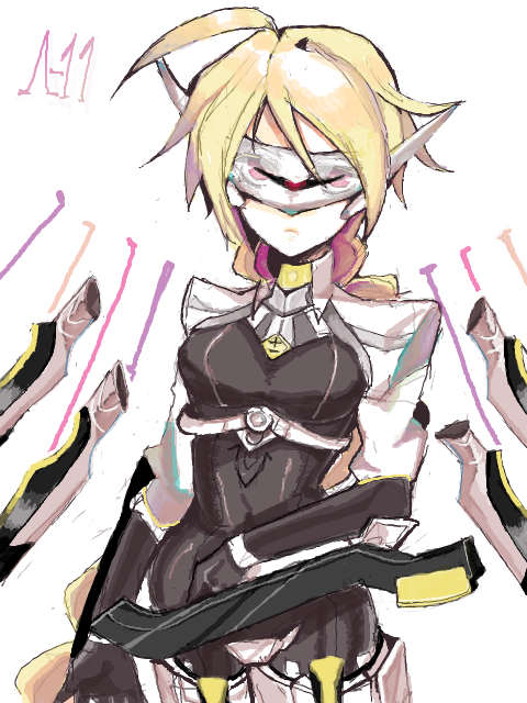 lambda-11, arc system works, blazblue, ahoge, blonde hair, braid, mecha musume, red eyes, skin tight, solo, transparent