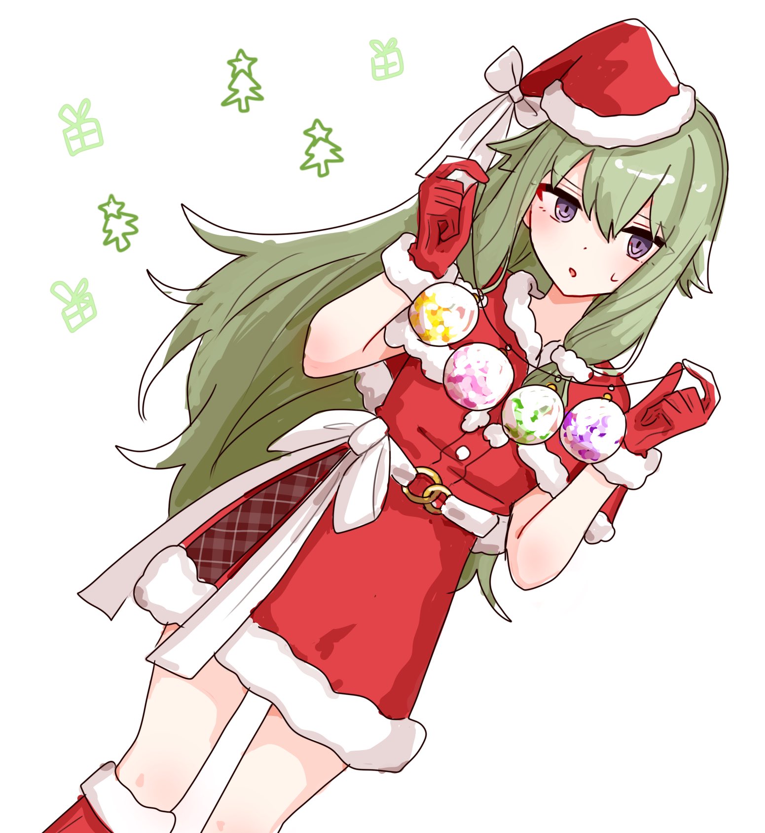 hane k2, kusanagi nene, project sekai, commentary request, highres, 1girl, alternate costume, belt, belt bow, blush, boots, bow, box, capelet, christmas, christmas ornaments, christmas tree, cowboy shot, dress, dutch angle, fur-trimmed boots, fur-trimmed capelet, fur-trimmed dress, fur-trimmed gloves, fur-trimmed headwear, fur trim, gift, gift box, gloves, green hair, hair between eyes, hair flaps, hands up, hat, hat bow, holding, holding string, long hair, long sidelocks, looking at viewer, low-tied sidelocks, purple eyes, red boots, red capelet, red dress, red gloves, red hat, santa costume, santa hat, short dress, sidelocks, simple background, solo, standing, string, white background, white belt, white bow