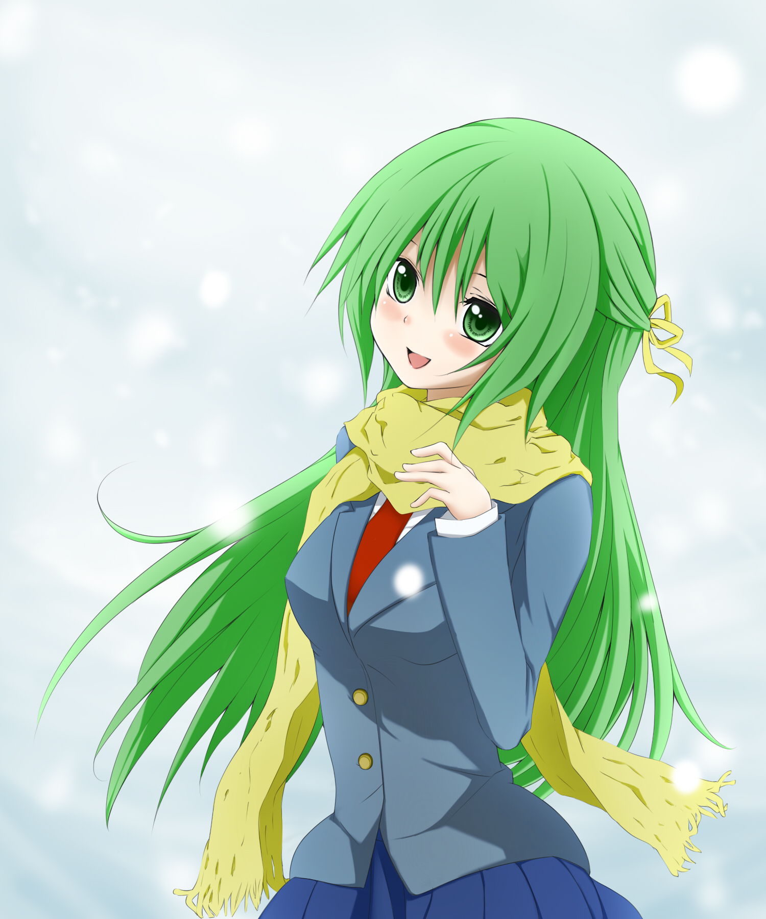 nemu (nebusokugimi), sonozaki shion, higurashi no naku koro ni, no naku koro ni (series), highres, 00s, 1girl, female focus, green eyes, green hair, half updo, long hair, matching hair/eyes, scarf, snow, solo