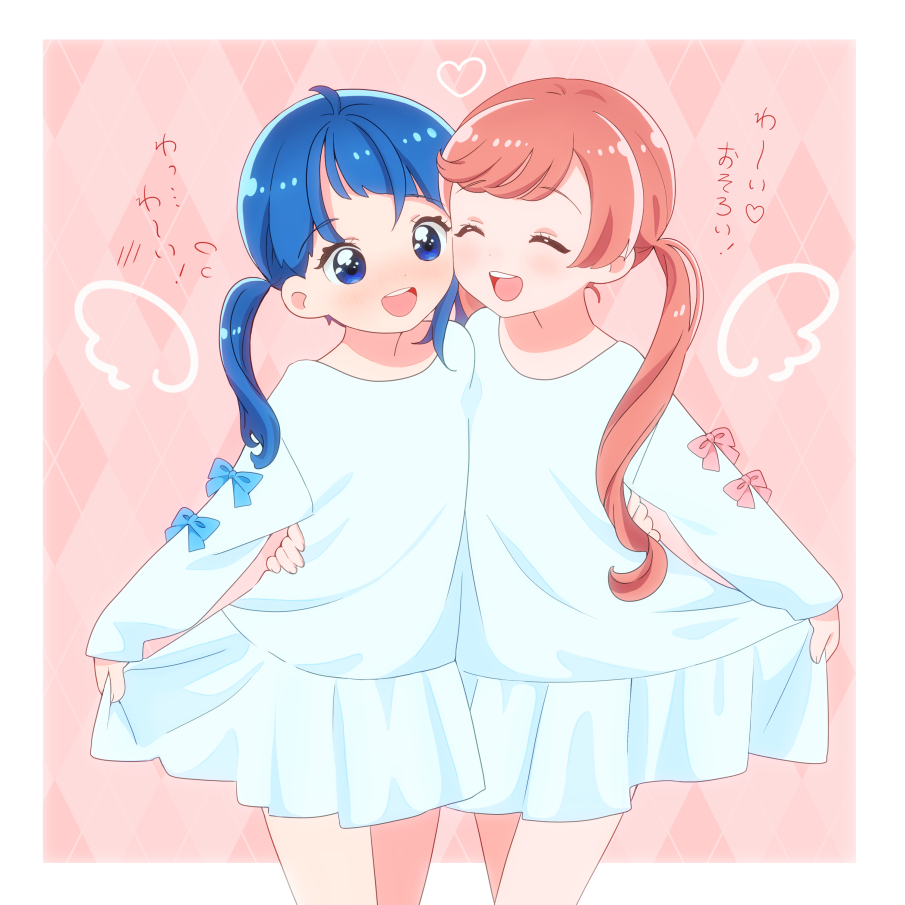 kyanos (b 0000ff), nijigaoka mashiro, sora harewataru, hirogaru sky! precure, precure, commentary, translated, alternate hairstyle, argyle background, arm around waist, blue bow, blue eyes, blue hair, blush, bow, casual, closed eyes, cut bangs, dress, long sleeves, matching outfits, open mouth, pink background, pink bow, pink hair, pleated dress, short dress, side-by-side, single sidelock, skirt hold, smile, twintails, white dress