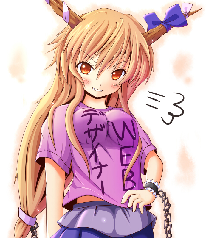 yunomi chawan, ibuki suika, touhou, bad id, bad pixiv id, >:), 1girl, alternate costume, blonde hair, bow, breasts, chain, contemporary, female focus, grin, horns, impossible clothes, impossible shirt, long hair, orange eyes, ribbon, shirt, smile, solo, v-shaped eyebrows, very long hair, yellow eyes