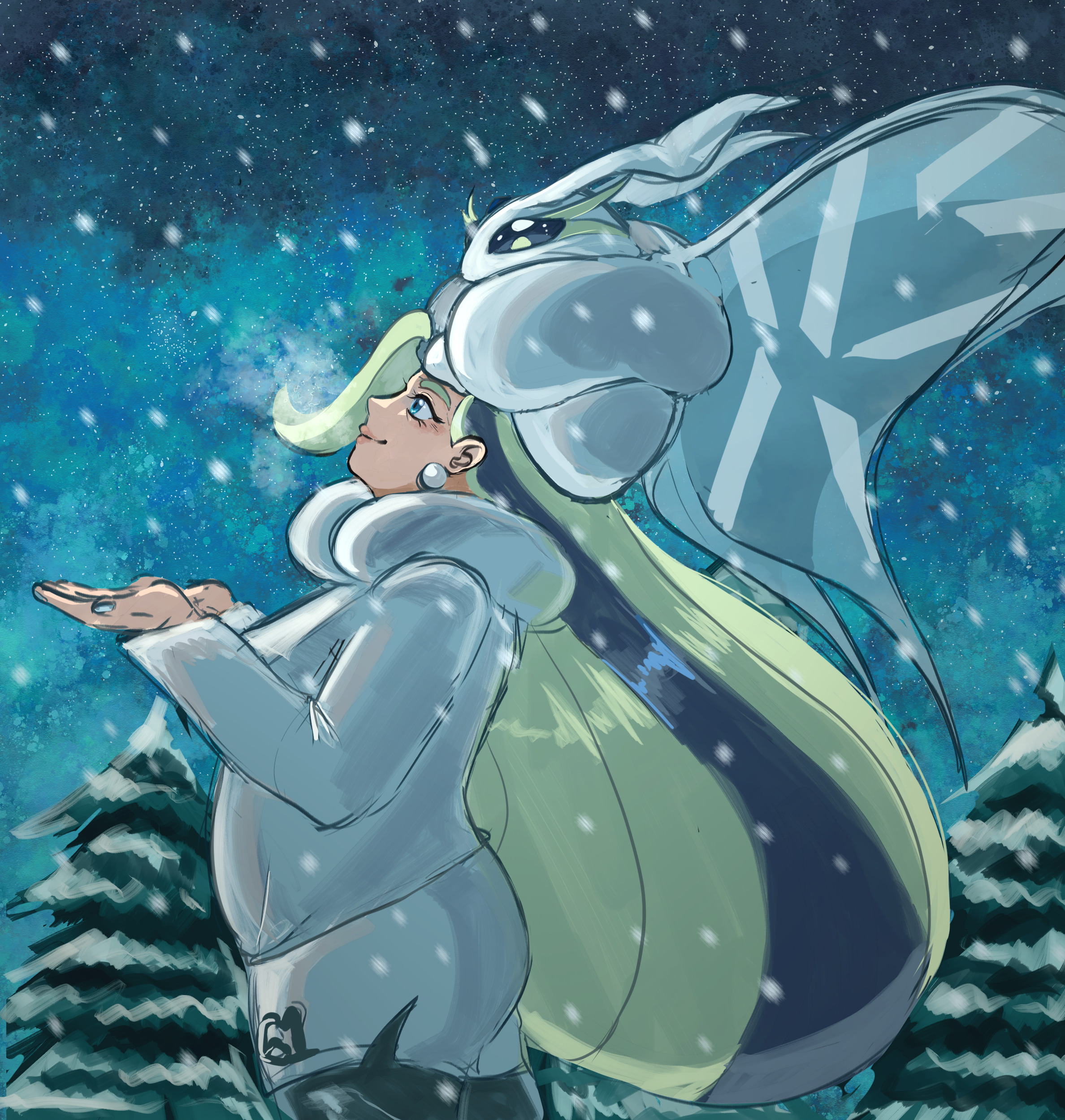 dietranch, frosmoth, melony (pokemon), nintendo, pokemon, pokemon swsh, absurdres, highres, 1girl, blue eyes, breasts, breath, bug, earrings, fur collar, fur hat, gen 8 pokemon, hat, insect, jewelry, long hair, long sleeves, mature female, moth, multicolored hair, pantyhose, pantyhose under shorts, pearl earrings, pine tree, plump, pokemon (creature), shorts, side slit, side slit shorts, smile, snowing, streaked hair, sweater, tree, ushanka, white hat, white sweater