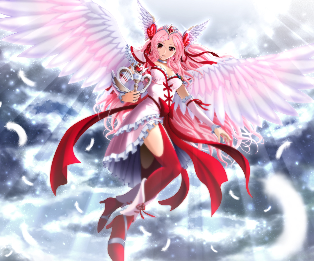 sekken kasu barrier, cure passion, cure passion (angel), higashi setsuna, fresh precure!, precure, 00s, 1girl, angel wings, boots, bow, choker, cloud, dress, feathers, female focus, frills, gathers, hair ornament, heart, heart hair ornament, light rays, magical girl, pink hair, red eyes, red thighhighs, ribbon, sky, solo, sunbeam, sunlight, thighhighs, tiara, waist bow, white choker, wings, wrist cuffs