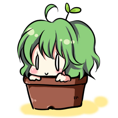 mokku, kazami yuuka, touhou, lowres, 1girl, blush, chibi, female focus, green hair, in container, plant, potted plant, smile, solo, | |