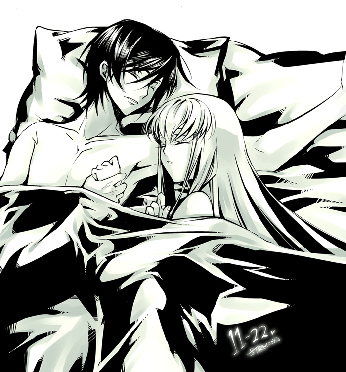 creayus, c.c., lelouch vi britannia, code geass, 00s, 1boy, 1girl, afterglow, armpits, bed, closed eyes, couple, dated, hetero, holding hands, long hair, lying, monochrome, on back, on side, pillow, short hair, sleeping, yellow theme