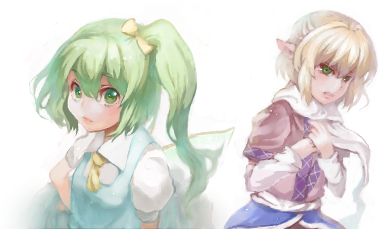 mamepon, daiyousei, mizuhashi parsee, embodiment of scarlet devil, touhou, bad id, bad pixiv id, 2girls, :d, blonde hair, blush, fairy, fairy wings, female focus, green eyes, green hair, multiple girls, open mouth, pointy ears, short hair, simple background, smile, upper body, white background, wings