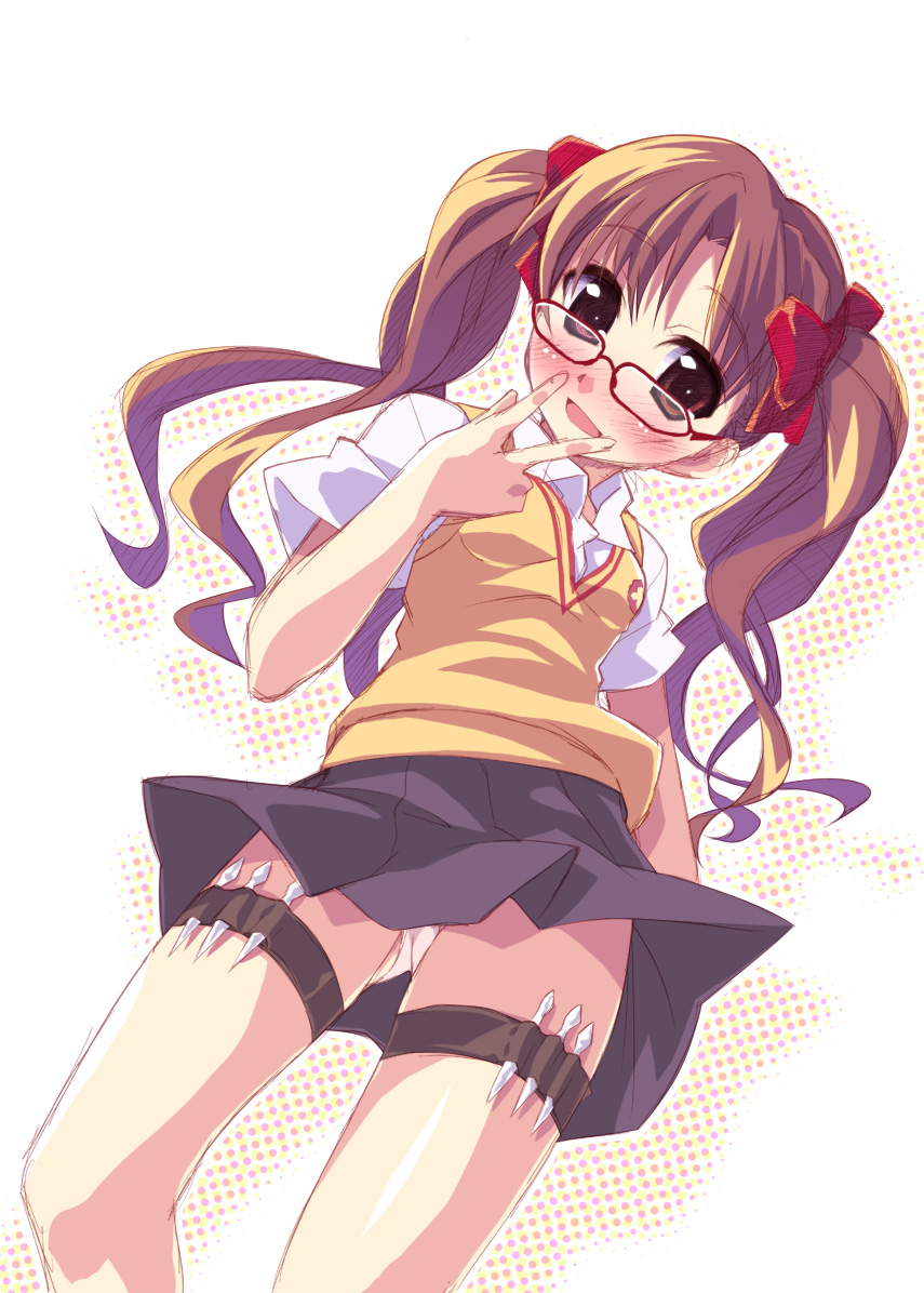 kisairo kaede, shirai kuroko, toaru kagaku no railgun, toaru majutsu no index, 00s, 1girl, bespectacled, brown hair, female focus, glasses, panties, pantyshot, school uniform, skirt, solo, sweater vest, thigh strap, twintails, underwear