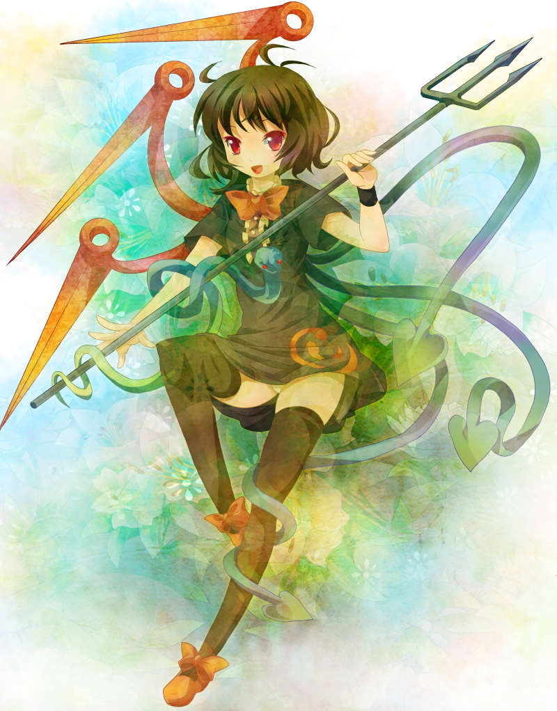 michii yuuki, houjuu nue, touhou, bad id, bad pixiv id, 1girl, black hair, black thighhighs, female focus, full body, gradient background, panties, pantyshot, polearm, red eyes, short hair, snake, solo, spear, thighhighs, trident, underwear, weapon, wings
