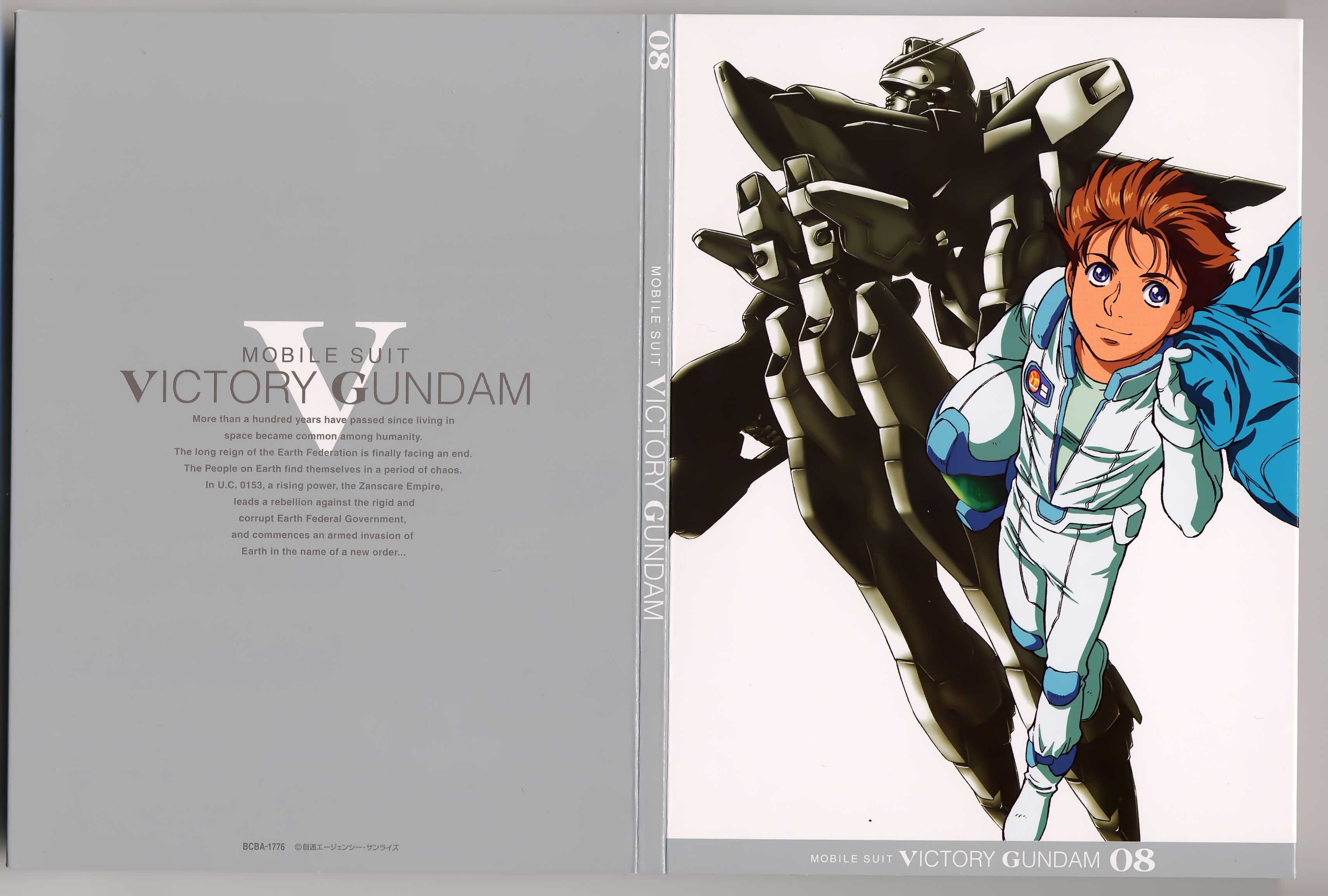 ishigaki jun'ya, ousaka hiroshi, uso ewin, v gundam, gundam, victory gundam, absurdres, artist collaboration, highres, official art, scan, traditional media, 1990s (style), 1boy, beam rifle, blue eyes, box art, brown hair, energy gun, helmet, holding, holding jacket, holding unworn clothes, holding unworn helmet, jacket, looking at viewer, machinery, mecha, mecha pilot suit, mobile suit, retro artstyle, robot, science fiction, smirk, space helmet, title, unworn headwear, unworn helmet, unworn jacket, v-fin, weapon