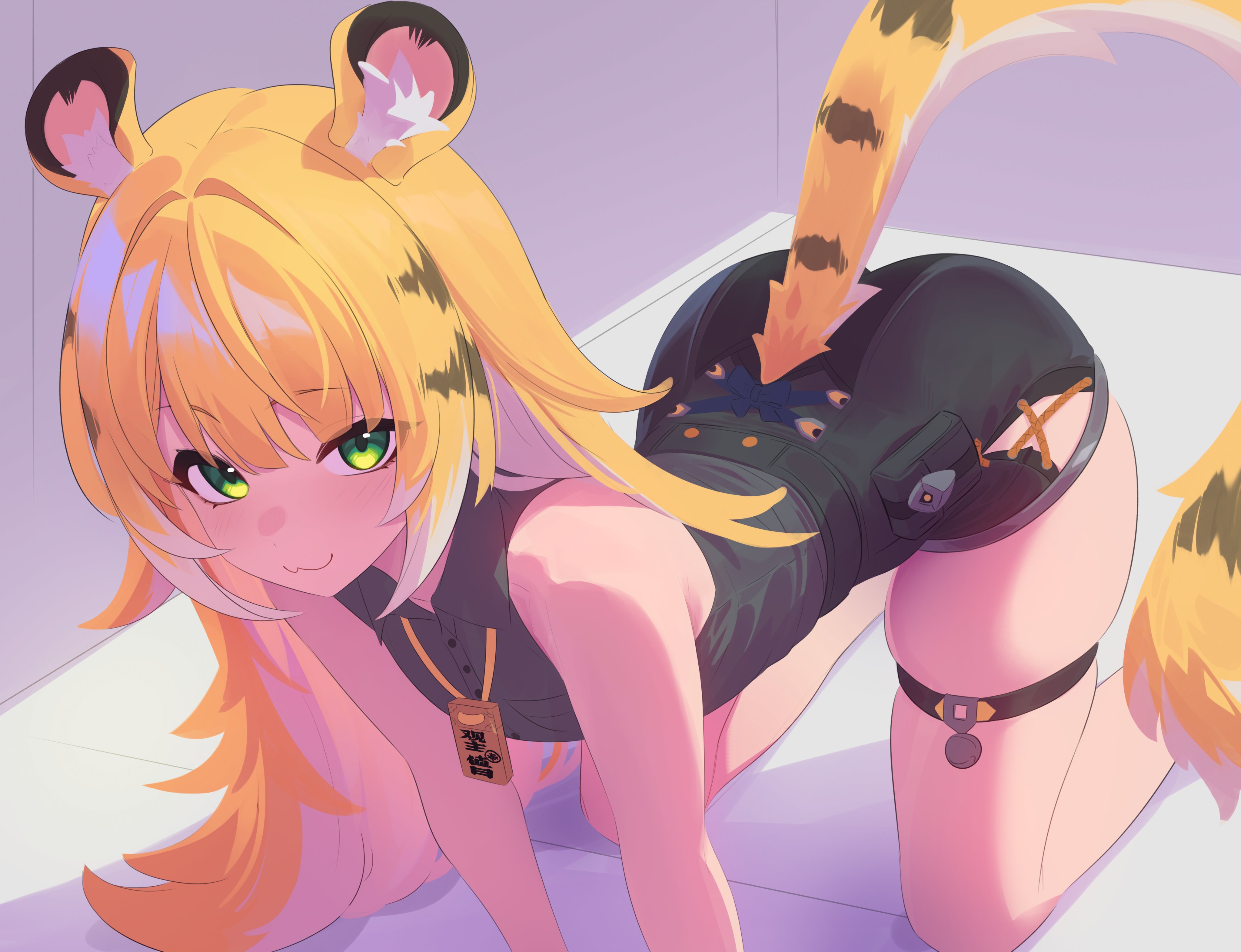 anonds31, ju fufu, zenless zone zero, absurdres, commentary, english commentary, highres, 1girl, all fours, animal ears, belt, black shorts, blonde hair, blush, breasts, collared shirt, colored inner hair, green eyes, grey shirt, high-waist shorts, long hair, looking at viewer, multicolored hair, shirt, shorts, sleeveless, sleeveless shirt, small breasts, smile, solo, striped hair, tail, thigh strap, thighs, tiger ears, tiger girl, tiger tail, white hair