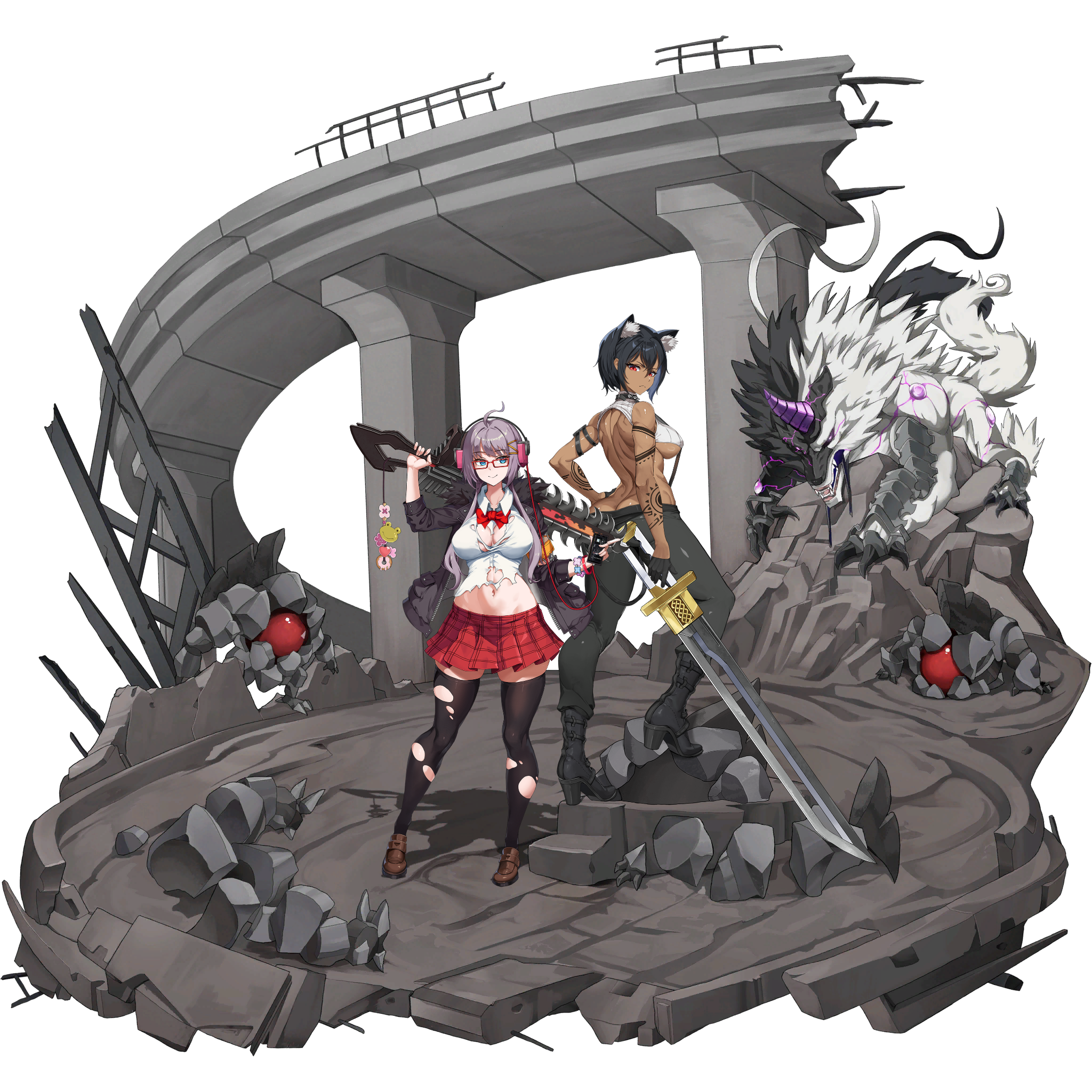 u-rix, haru estia, vargr (last origin), last origin, soulworker, highres, non-web source, official art, 2girls, ahoge, animal ear fluff, animal ears, aqua eyes, arm pouch, arm tattoo, armor, ass, backless shirt, belt, black belt, black boots, black collar, black fur, black hair, black jacket, black pants, black thighhighs, boots, bow, bowtie, breasts, breasts apart, brown shoes, cellphone, chainsaw, chainsword, charm (object), checkered clothes, checkered skirt, claws, closed mouth, collar, collared shirt, crop top, dark-skinned female, dark skin, dog ears, dog girl, donut, fangs, flower, food, frog, full body, fur-trimmed jacket, fur trim, glasses, hair between eyes, hair ornament, hairclip, hand on own hip, headphones, heart, high heel boots, high heels, holding, holding phone, holding sword, holding weapon, horns, impossible clothes, impossible shirt, jacket, large breasts, leg up, legs apart, linea alba, listening to music, long hair, looking at viewer, looking back, looking to the side, mary janes, median furrow, miniskirt, monster, multiple girls, muscular, muscular female, navel, official alternate costume, official alternate eye color, official alternate hair color, official alternate hair length, official alternate hairstyle, official alternate skin color, on rock, open clothes, open jacket, pants, patch, phone, pink flower, plate armor, pleated skirt, purple hair, purple horns, rectangular eyewear, red-framed eyewear, red bow, red bowtie, red eyes, red skirt, ribbed shirt, rubble, ruins, shirt, shoes, short hair, shoulder blades, sideboob, sidelocks, single horn, skindentation, skirt, sleeveless, sleeveless shirt, smartphone, smile, spiked collar, spikes, standing, steel beam, sword, sword on back, tachi-e, tattoo, thighhighs, torn clothes, torn shirt, torn thighhighs, transparent background, two-tone fur, weapon, weapon on back, white fur, white shirt, wolf, zettai ryouiki