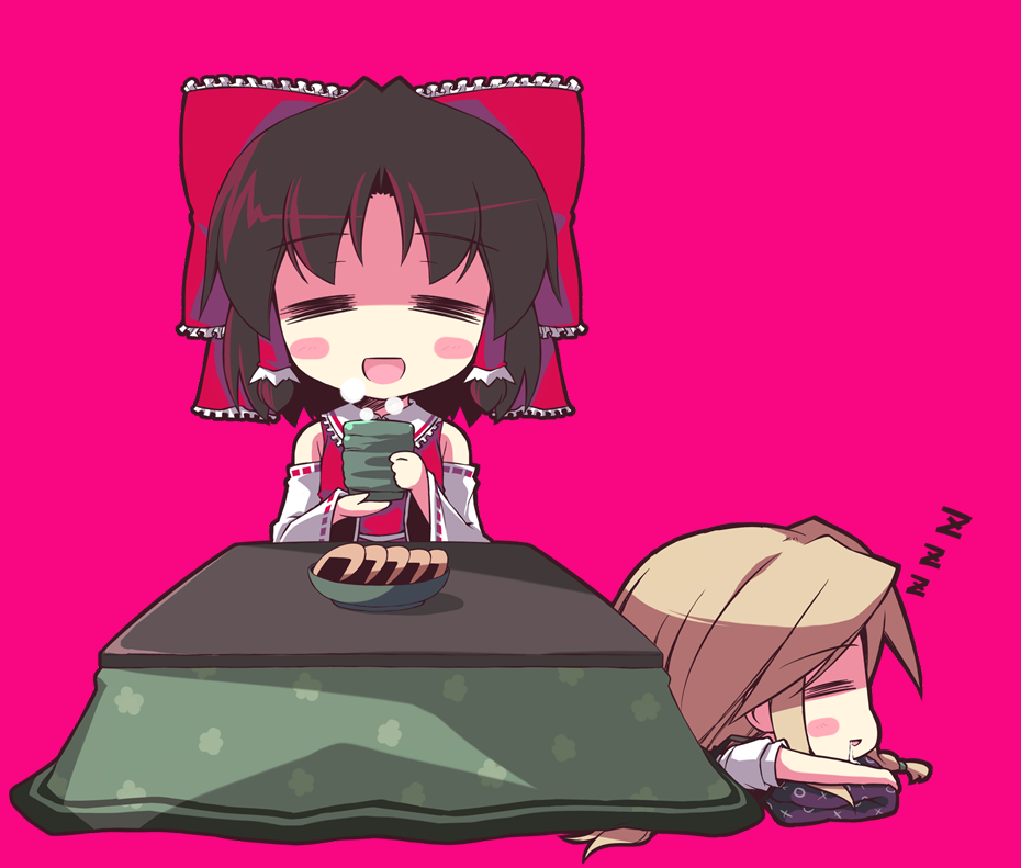 crazy developers, hakurei reimu, kirisame marisa, touhou, 2girls, = =, blush, blush stickers, chibi, female focus, food, happy, kotatsu, multiple girls, ribbon, saliva, senbei, sleeping, table, tea