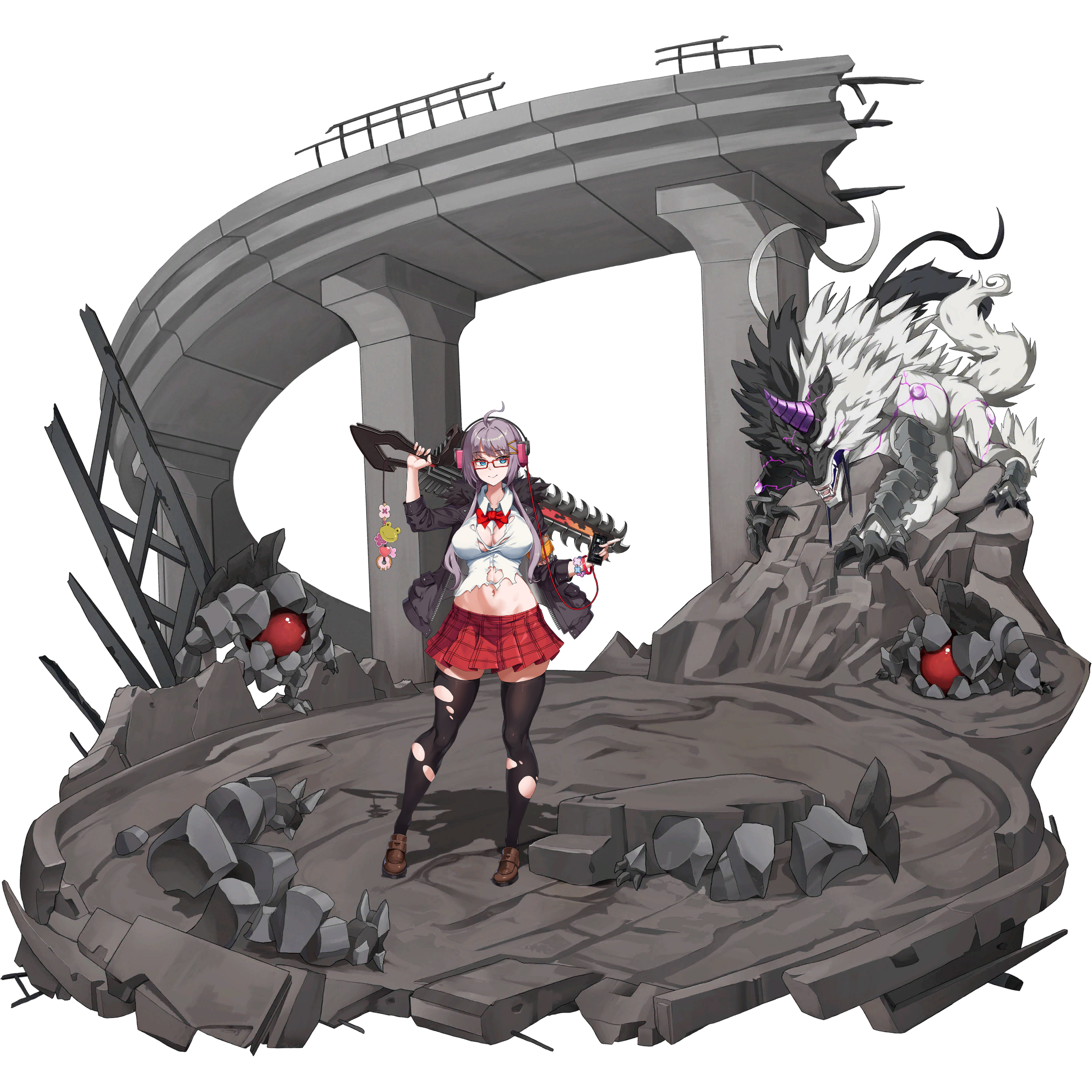 u-rix, haru estia, last origin, soulworker, highres, non-web source, official art, 1girl, ahoge, aqua eyes, armor, black fur, black jacket, black thighhighs, bow, bowtie, breasts, breasts apart, brown shoes, cellphone, chainsaw, chainsword, charm (object), checkered clothes, checkered skirt, claws, closed mouth, collared shirt, donut, fangs, flower, food, frog, full body, fur-trimmed jacket, fur trim, glasses, hair ornament, hairclip, headphones, heart, holding, holding phone, holding sword, holding weapon, horns, impossible clothes, impossible shirt, jacket, large breasts, legs apart, linea alba, listening to music, long hair, looking to the side, mary janes, miniskirt, monster, navel, official alternate costume, official alternate eye color, official alternate hair color, official alternate hair length, official alternate hairstyle, open clothes, open jacket, patch, phone, pink flower, plate armor, pleated skirt, purple hair, purple horns, rectangular eyewear, red-framed eyewear, red bow, red bowtie, red skirt, rubble, ruins, shirt, shoes, sidelocks, single horn, skindentation, skirt, smartphone, smile, standing, steel beam, sword, sword on back, tachi-e, thighhighs, torn clothes, torn shirt, torn thighhighs, transparent background, two-tone fur, weapon, weapon on back, white fur, white shirt, wolf, zettai ryouiki