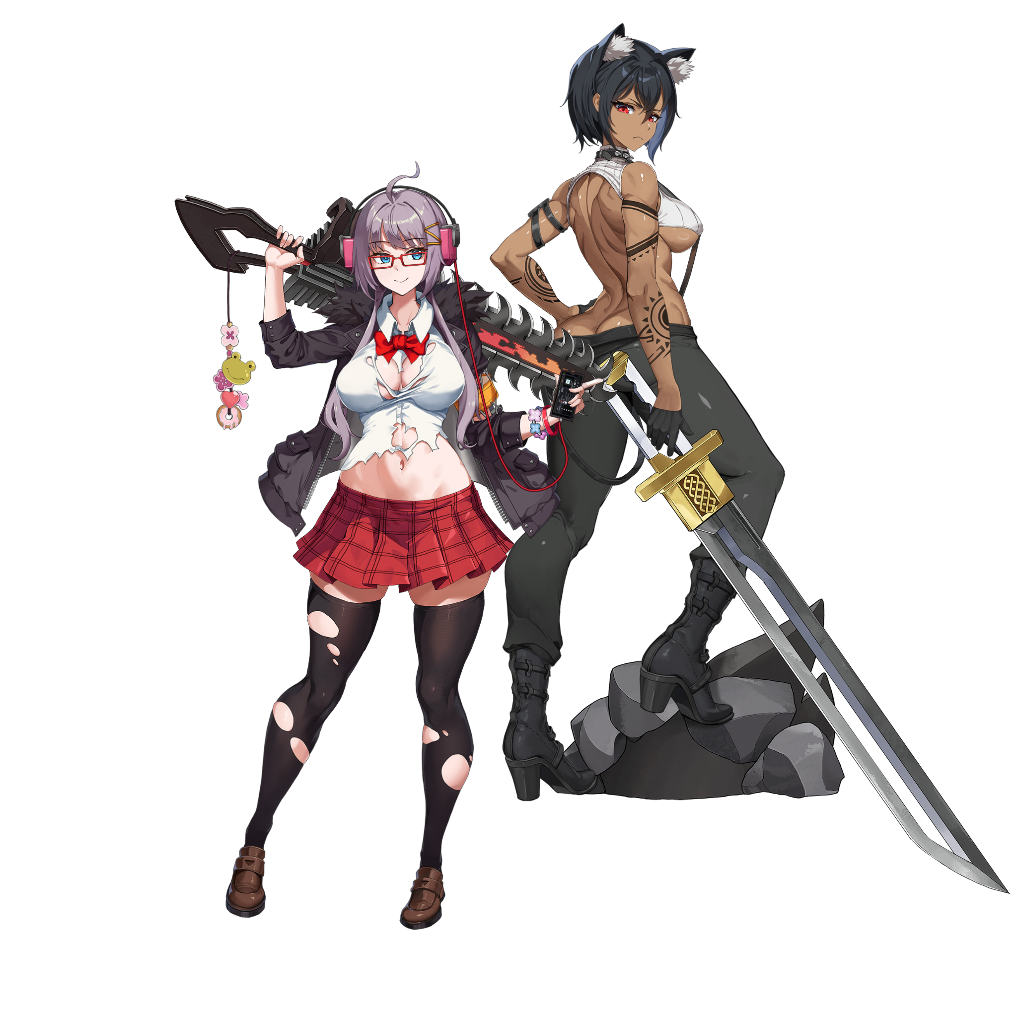 u-rix, haru estia, vargr (last origin), last origin, soulworker, highres, non-web source, official art, 2girls, ahoge, animal ear fluff, animal ears, aqua eyes, arm pouch, arm tattoo, ass, backless shirt, belt, black belt, black boots, black collar, black hair, black jacket, black pants, black thighhighs, boots, bow, bowtie, breasts, breasts apart, brown shoes, cellphone, chainsaw, chainsword, charm (object), checkered clothes, checkered skirt, closed mouth, collar, collared shirt, crop top, dark-skinned female, dark skin, dog ears, dog girl, donut, flower, food, frog, full body, fur-trimmed jacket, fur trim, glasses, hair between eyes, hair ornament, hairclip, hand on own hip, headphones, heart, high heel boots, high heels, holding, holding phone, holding sword, holding weapon, impossible clothes, impossible shirt, jacket, large breasts, leg up, legs apart, linea alba, listening to music, long hair, looking at viewer, looking back, looking to the side, mary janes, median furrow, miniskirt, multiple girls, muscular, muscular female, navel, official alternate costume, official alternate eye color, official alternate hair color, official alternate hair length, official alternate hairstyle, official alternate skin color, on rock, open clothes, open jacket, pants, patch, phone, pink flower, pleated skirt, purple hair, rectangular eyewear, red-framed eyewear, red bow, red bowtie, red eyes, red skirt, ribbed shirt, shirt, shoes, short hair, shoulder blades, sideboob, sidelocks, simple background, skindentation, skirt, sleeveless, sleeveless shirt, smartphone, smile, spiked collar, spikes, standing, sword, sword on back, tachi-e, tattoo, thighhighs, torn clothes, torn shirt, torn thighhighs, transparent background, weapon, weapon on back, white shirt, zettai ryouiki