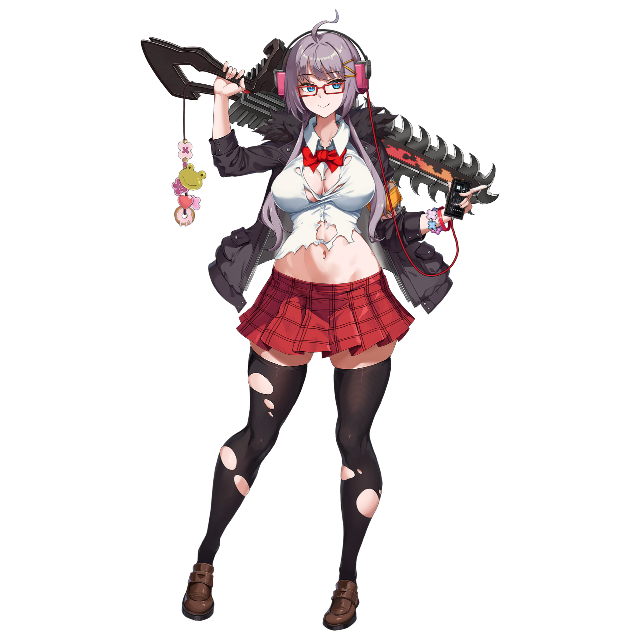 u-rix, haru estia, last origin, soulworker, highres, non-web source, official art, 1girl, ahoge, aqua eyes, black jacket, black thighhighs, bow, bowtie, breasts, breasts apart, brown shoes, cellphone, chainsaw, chainsword, charm (object), checkered clothes, checkered skirt, closed mouth, collared shirt, donut, flower, food, frog, full body, fur-trimmed jacket, fur trim, glasses, hair ornament, hairclip, headphones, heart, holding, holding phone, holding sword, holding weapon, impossible clothes, impossible shirt, jacket, large breasts, legs apart, linea alba, listening to music, long hair, looking to the side, mary janes, miniskirt, navel, official alternate costume, official alternate eye color, official alternate hair color, official alternate hair length, official alternate hairstyle, open clothes, open jacket, patch, phone, pink flower, pleated skirt, purple hair, rectangular eyewear, red-framed eyewear, red bow, red bowtie, red skirt, shirt, shoes, sidelocks, simple background, skindentation, skirt, smartphone, smile, solo, standing, sword, sword on back, tachi-e, thighhighs, torn clothes, torn shirt, torn thighhighs, transparent background, weapon, weapon on back, white shirt, zettai ryouiki