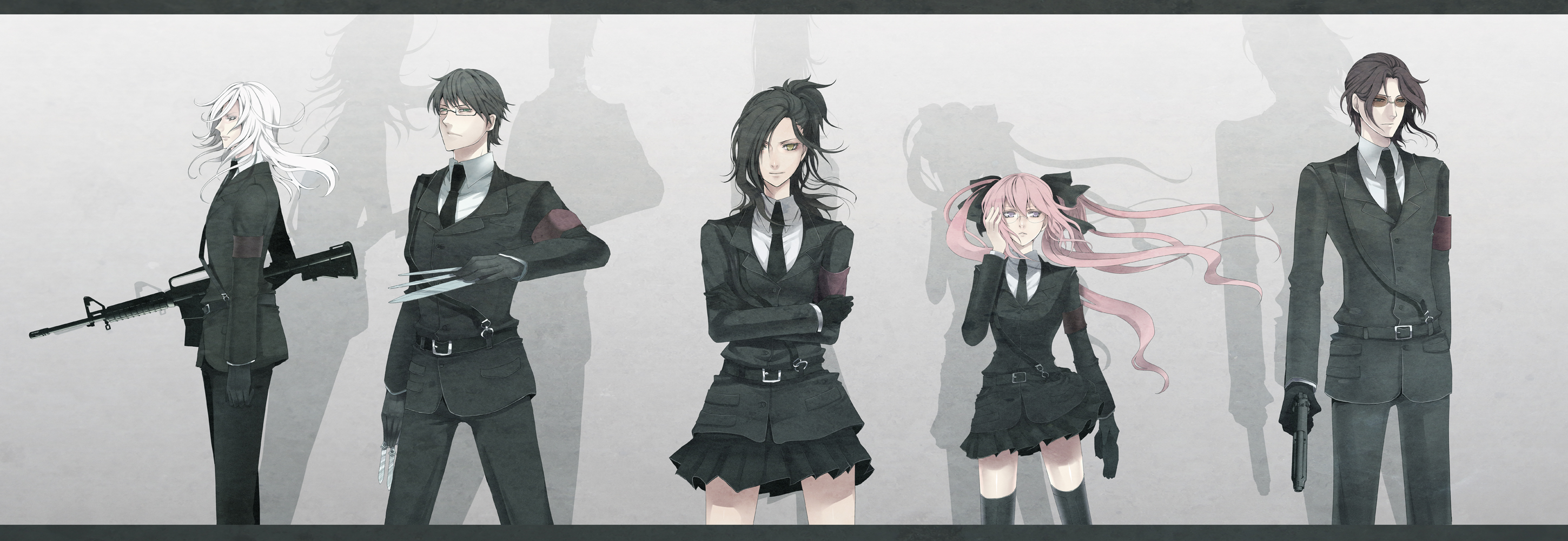 nicole pmonachi, pixiv, pixiv army, highres, long image, md5 mismatch, wide image, 2girls, 3boys, assault rifle, beretta 92, crossed arms, formal clothes, glasses, gun, hair over one eye, handgun, knife, letterboxed, lineup, m4 carbine, multiple boys, multiple girls, pistol, rifle, shadow, sunglasses, thighhighs, weapon