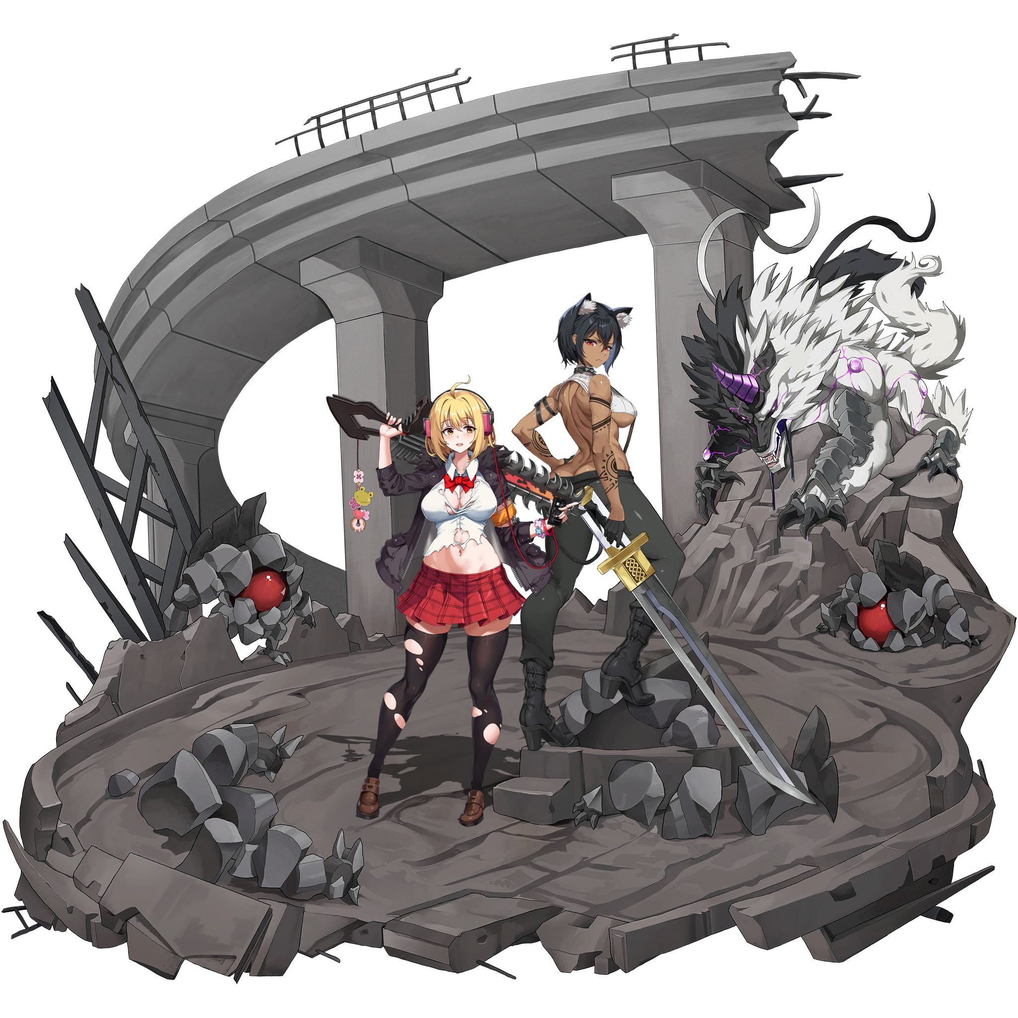 u-rix, haru estia, vargr (last origin), last origin, soulworker, highres, non-web source, official art, 2girls, ahoge, animal ear fluff, animal ears, arm pouch, arm tattoo, armor, ass, backless shirt, belt, black belt, black boots, black collar, black fur, black hair, black jacket, black pants, black thighhighs, blonde hair, blush, boots, bow, bowtie, breasts, breasts apart, brown shoes, cellphone, chainsaw, chainsword, charm (object), checkered clothes, checkered skirt, claws, closed mouth, collar, collared shirt, crop top, dark-skinned female, dark skin, dog ears, dog girl, donut, fangs, flower, food, frog, full body, fur-trimmed jacket, fur trim, hair between eyes, hand on own hip, headphones, heart, high heel boots, high heels, holding, holding phone, holding sword, holding weapon, horns, impossible clothes, impossible shirt, jacket, large breasts, leg up, legs apart, linea alba, listening to music, looking at viewer, looking back, looking to the side, mary janes, median furrow, miniskirt, monster, multiple girls, muscular, muscular female, navel, official alternate costume, official alternate eye color, official alternate skin color, on rock, open clothes, open jacket, open mouth, pants, patch, phone, pink flower, plate armor, pleated skirt, purple horns, red bow, red bowtie, red eyes, red skirt, ribbed shirt, rubble, ruins, shirt, shoes, short hair, shoulder blades, sideboob, sidelocks, single horn, skindentation, skirt, sleeveless, sleeveless shirt, smartphone, smile, spiked collar, spikes, standing, steel beam, sword, sword on back, tachi-e, tattoo, teeth, thighhighs, tongue, torn clothes, torn shirt, torn thighhighs, transparent background, two-tone fur, upper teeth only, weapon, weapon on back, white fur, white shirt, wolf, zettai ryouiki