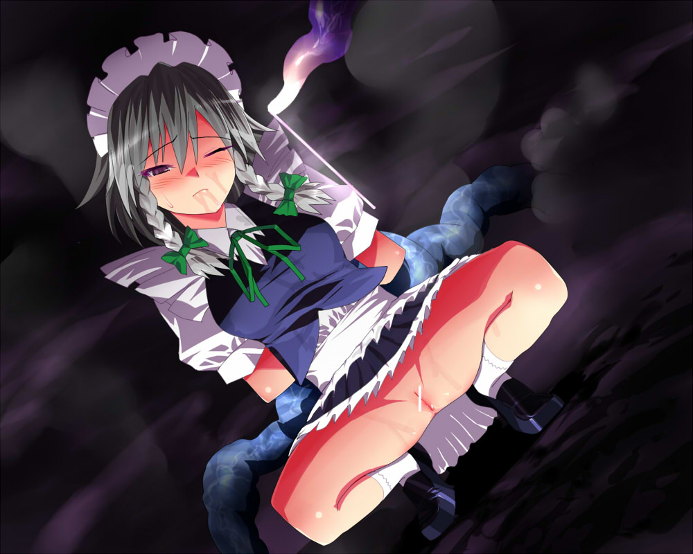 fyama, izayoi sakuya, touhou, silver hair, 1girl, blush, cleft of venus, female focus, hairband, maid, no panties, one eye closed, purple eyes, short hair, solo, tentacles, wince, wink