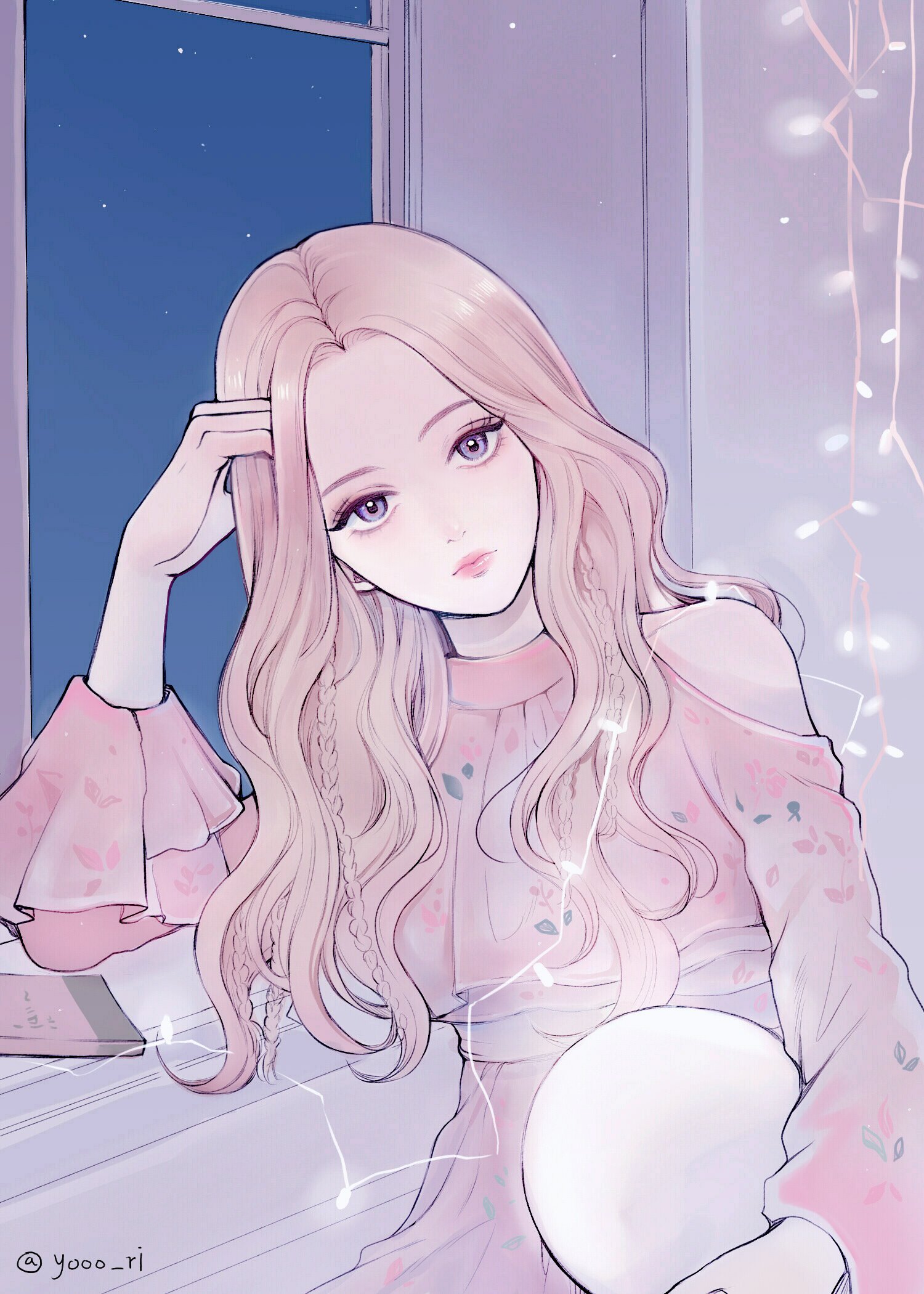 yori (yooo ri), jinsoul, loona (group), commentary, highres, korean commentary, 1girl, blonde hair, braid, closed mouth, head rest, holding, long hair, looking at viewer, night, pink lips, purple eyes, sitting, solo, twitter username