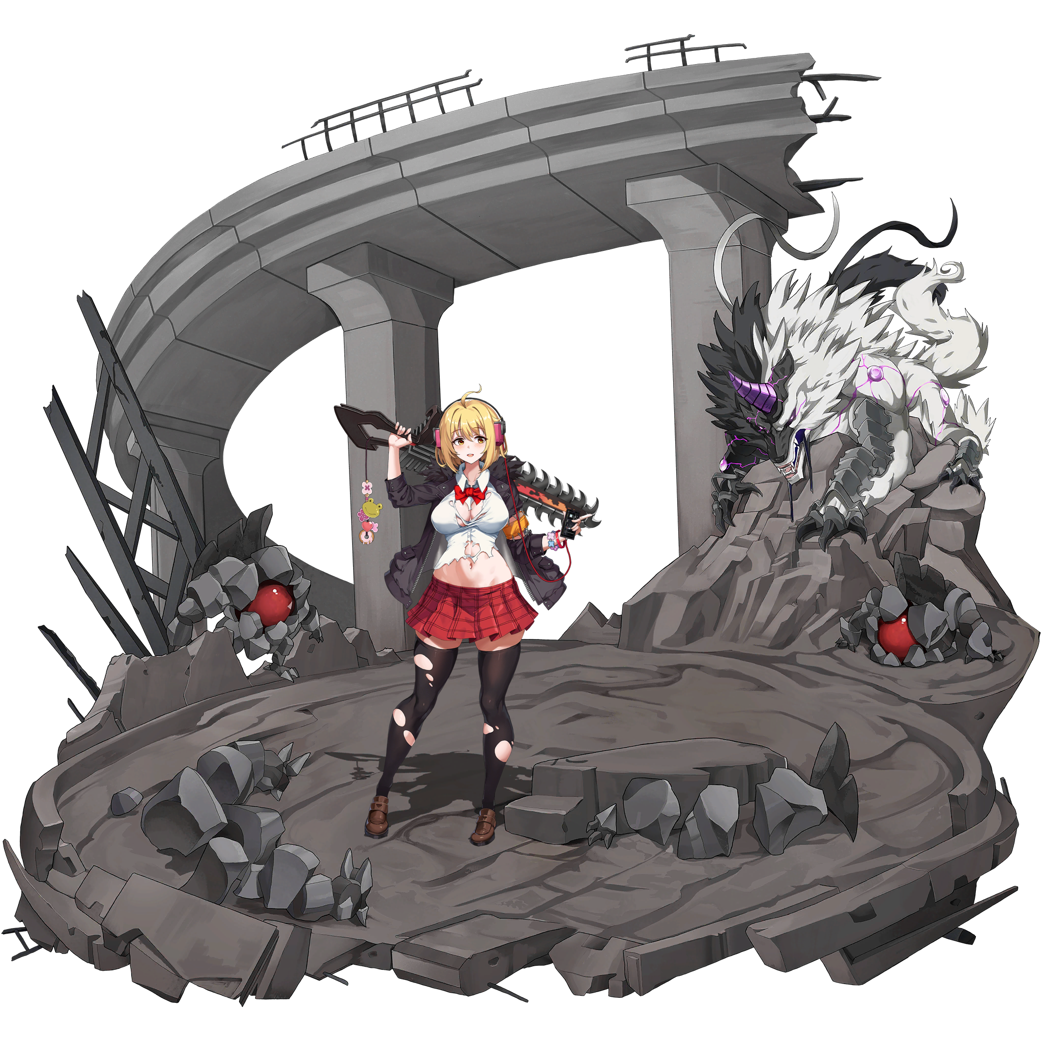 u-rix, haru estia, last origin, soulworker, highres, non-web source, official art, 1girl, ahoge, armor, black fur, black jacket, black thighhighs, blonde hair, blush, bow, bowtie, breasts, breasts apart, brown shoes, cellphone, chainsaw, chainsword, charm (object), checkered clothes, checkered skirt, claws, collared shirt, donut, fangs, flower, food, frog, full body, fur-trimmed jacket, fur trim, headphones, heart, holding, holding phone, holding sword, holding weapon, horns, impossible clothes, impossible shirt, jacket, large breasts, legs apart, linea alba, listening to music, looking to the side, mary janes, miniskirt, monster, navel, official alternate costume, open clothes, open jacket, open mouth, patch, phone, pink flower, plate armor, pleated skirt, purple horns, red bow, red bowtie, red skirt, rubble, ruins, shirt, shoes, short hair, sidelocks, single horn, skindentation, skirt, smartphone, smile, standing, steel beam, sword, sword on back, tachi-e, teeth, thighhighs, tongue, torn clothes, torn shirt, torn thighhighs, transparent background, two-tone fur, upper teeth only, weapon, weapon on back, white fur, white shirt, wolf, zettai ryouiki