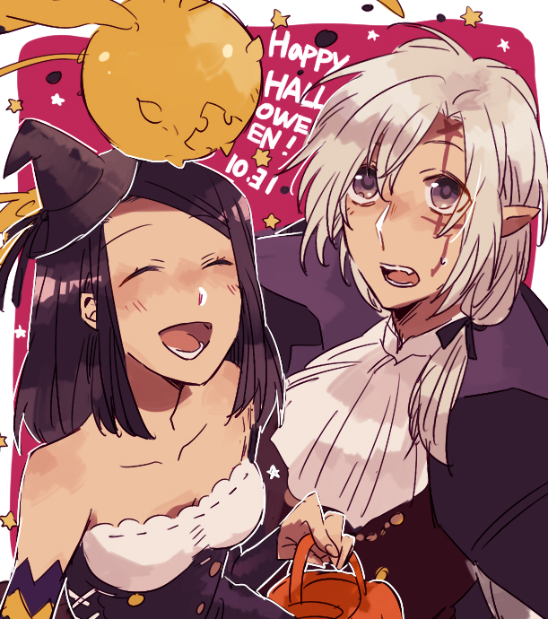 iyo (kurumiwarin), allen walker, lenalee lee, timcanpy, d.gray-man, facing up, commentary request, 1boy, 1girl, bag, bare shoulders, black ribbon, blush, border, breasts, brown hat, brown vest, buttons, chain, closed eyes, coat, collarbone, collared coat, corset, creature, cross, detached sleeves, dress, dress shirt, english text, facial mark, facing another, facing viewer, forehead mark, gold chain, golem (d.gray-man), hair between eyes, hair over shoulder, hair ribbon, halloween, halloween costume, happy halloween, hat, holding, holding bag, horns, looking at another, looking up, low-tied medium hair, medium hair, mini hat, neckerchief, open mouth, orange bag, outside border, parted lips, pink background, pointy ears, purple coat, purple corset, purple eyes, purple hair, purple sleeves, ribbon, scar, scar across eye, scar on face, shirt, sidelocks, sleeveless, sleeveless dress, small breasts, smile, star (symbol), star facial mark, strapless, strapless dress, striped sleeves, sweat, sweatdrop, tail, vampire costume, vest, white border, white dress, white hair, white neckerchief, white shirt, wings, witch hat, yellow star