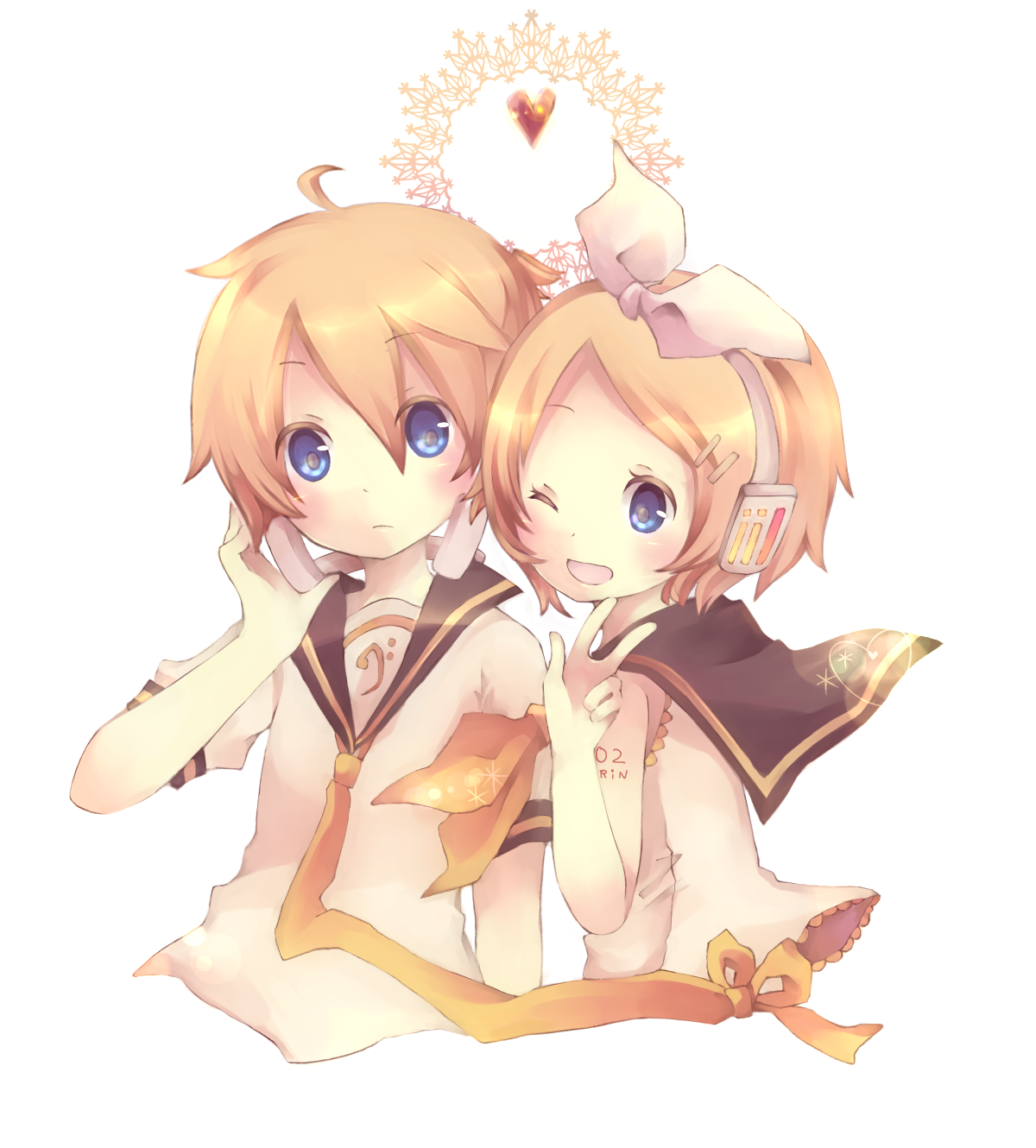 maimu (polka), kagamine len, kagamine rin, vocaloid, bad id, bad pixiv id, highres, 1boy, 1girl, ahoge, blonde hair, blue eyes, brother and sister, hair ornament, hair ribbon, hairclip, headphones, necktie, one eye closed, ribbon, short hair, siblings, smile, twins, v, wink, yellow necktie