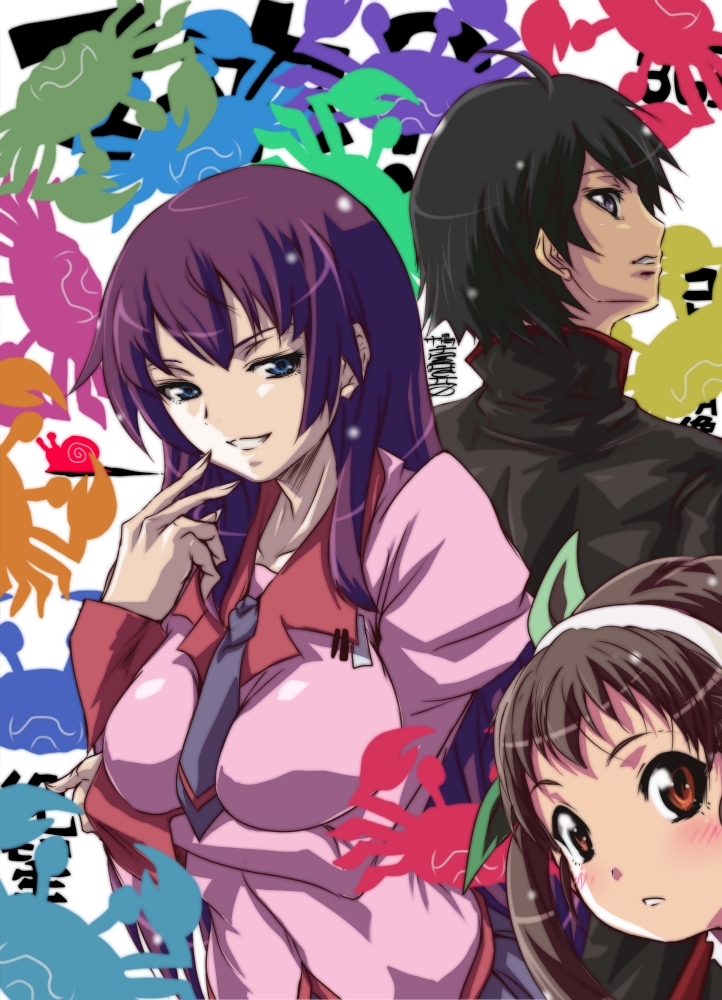 madhatter hello, araragi koyomi, hachikuji mayoi, senjougahara hitagi, bakemonogatari, monogatari (series), breast hold, bad id, bad pixiv id, 00s, black hair, blue eyes, breasts, brown eyes, brown hair, crab, crustacean, grin, large breasts, long hair, purple hair, school uniform, smile, snail